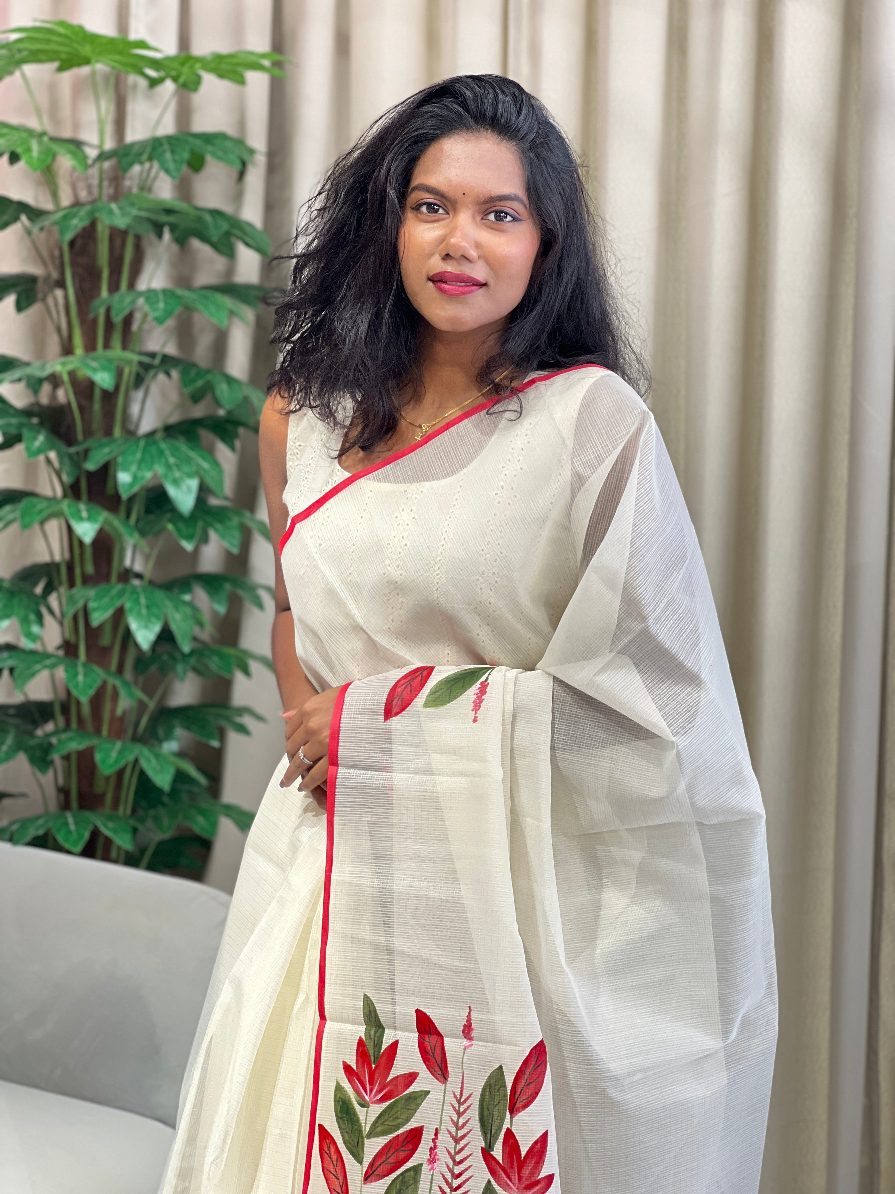 Floral Hand Painted Muga Check Organza Saree | JSC549