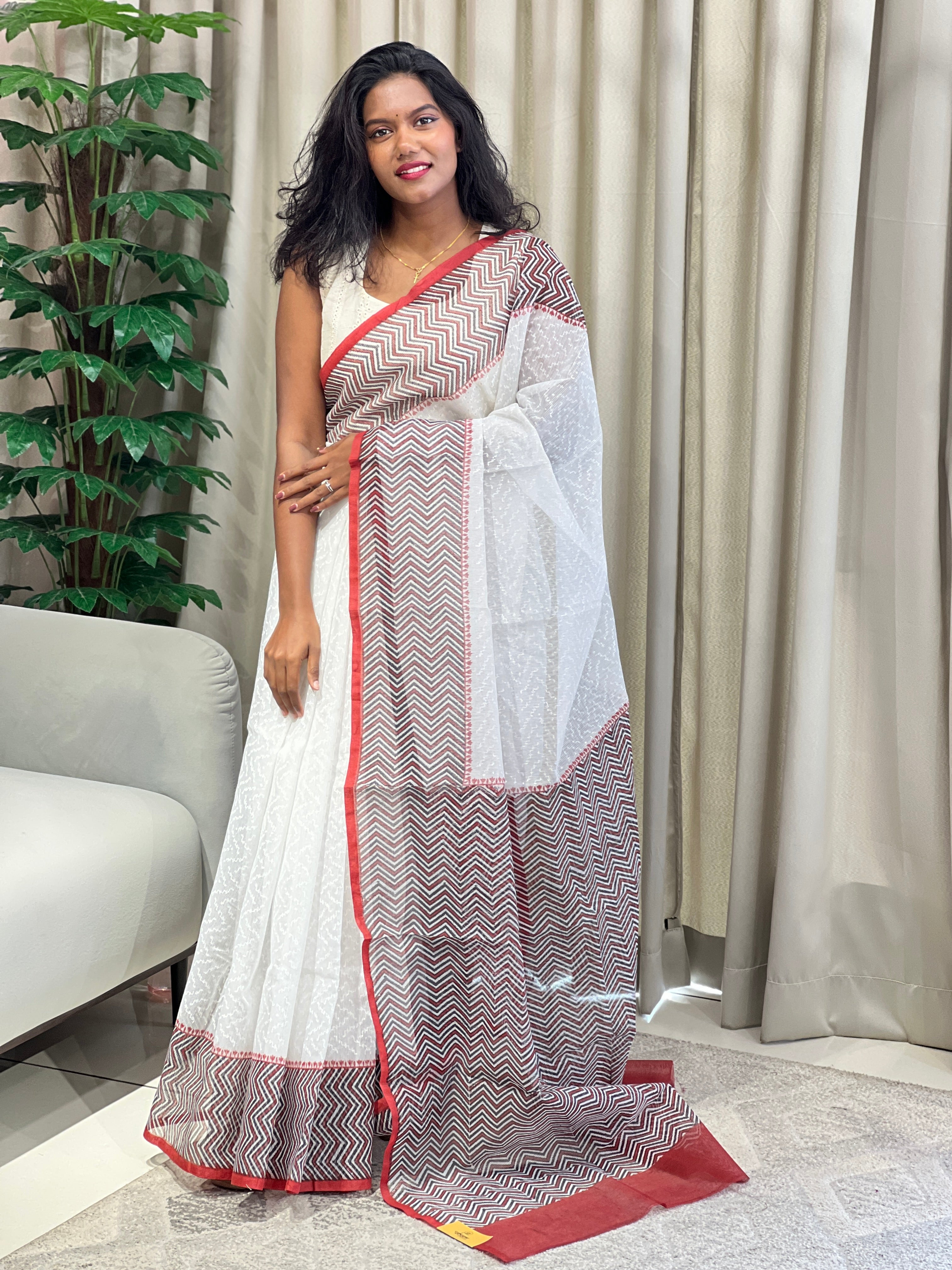 Zig Zag Printed Muga Check Organza Saree | JSC542