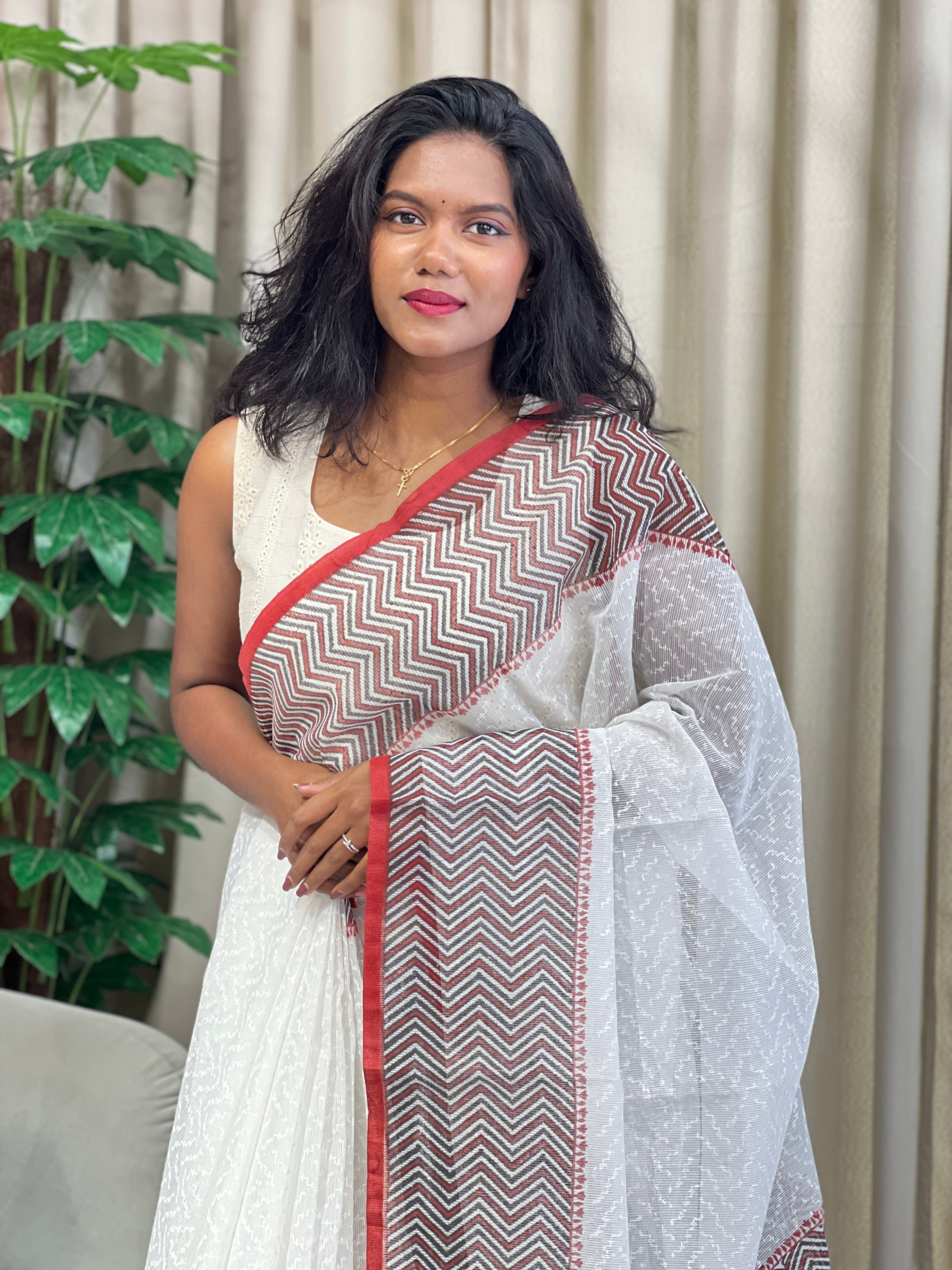 Zig Zag Printed Muga Check Organza Saree | JSC542