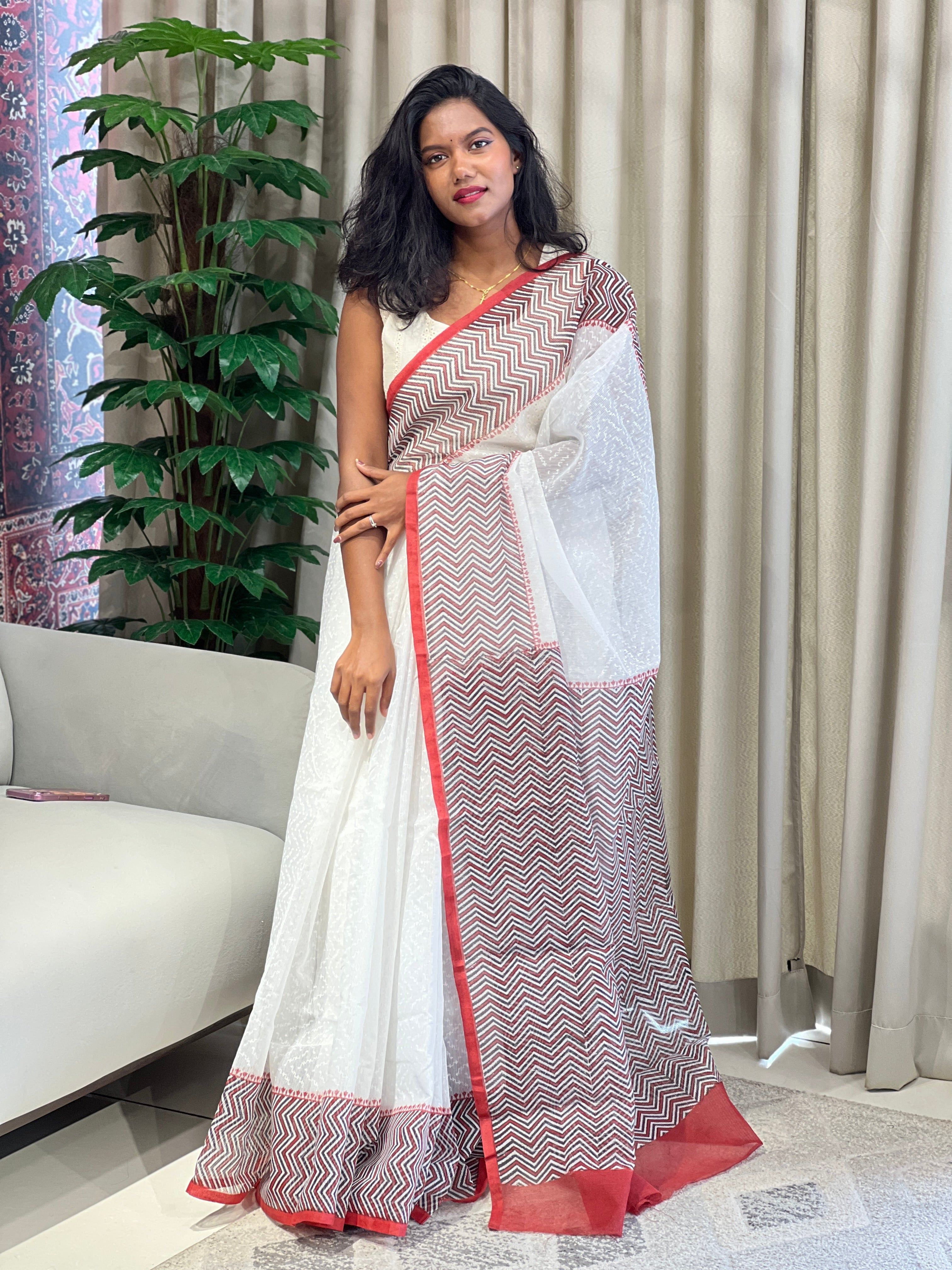 Zig Zag Printed Muga Check Organza Saree | JSC541