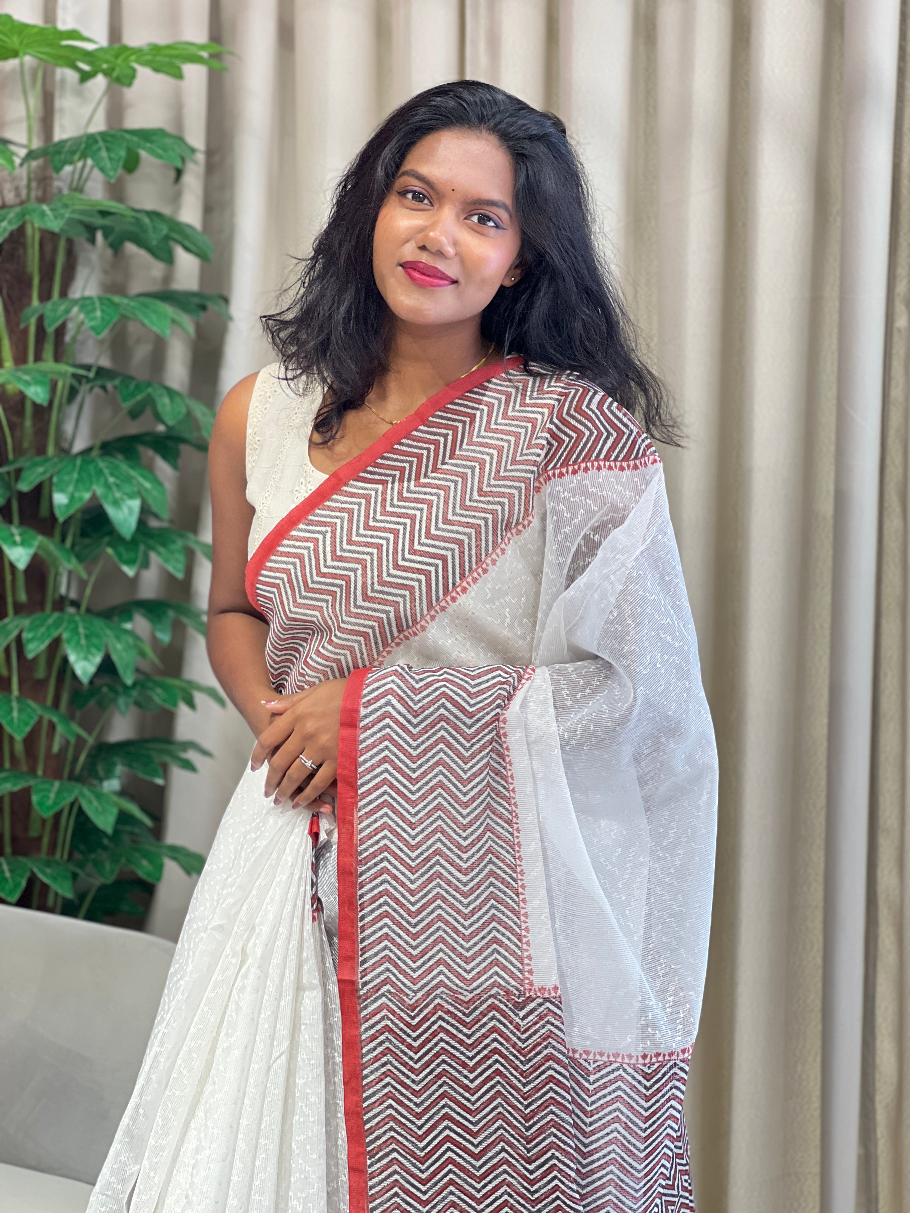 Zig Zag Printed Muga Check Organza Saree | JSC541