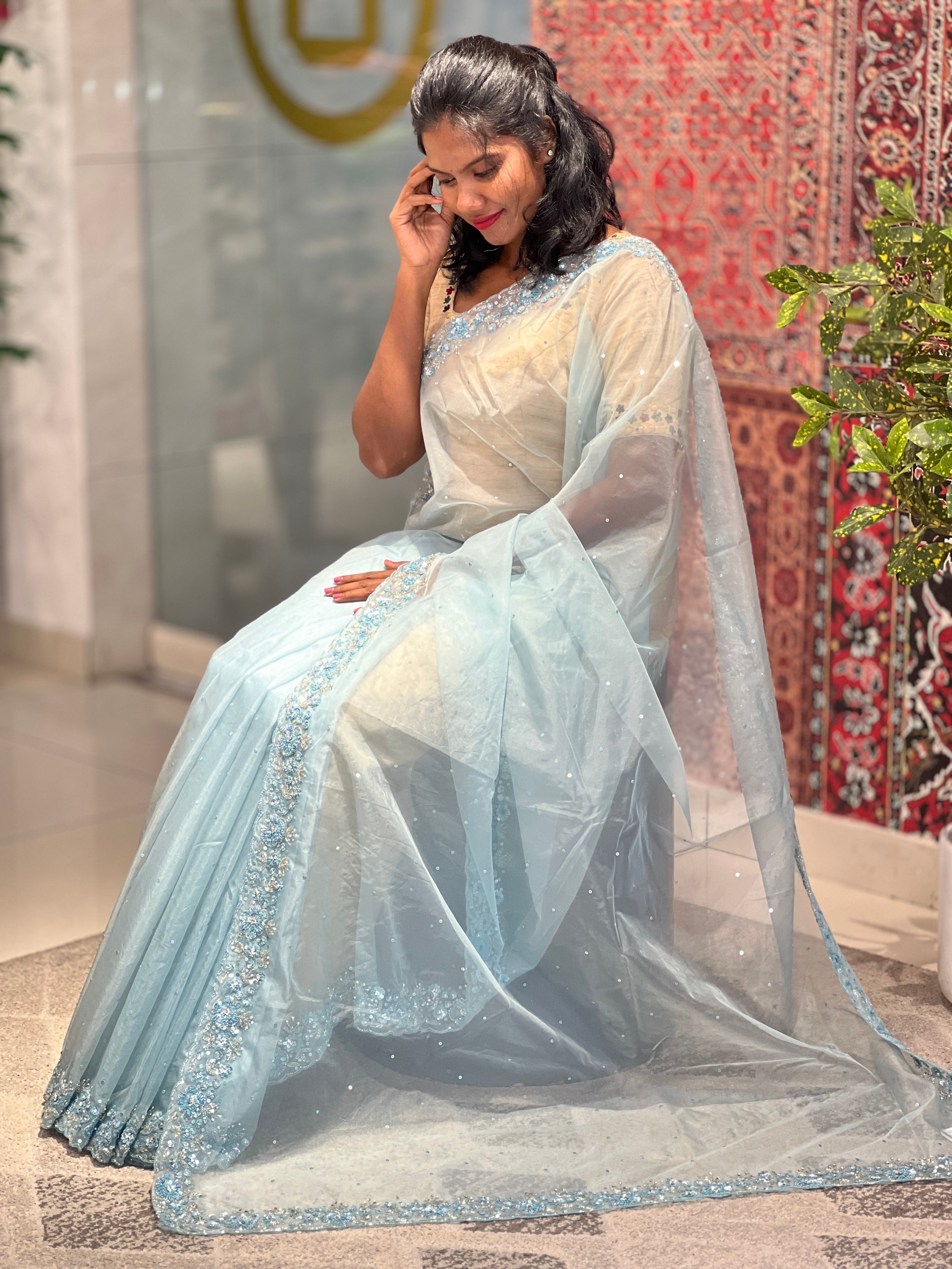 Hand Embroidered Detailed Organza Saree | SBP681