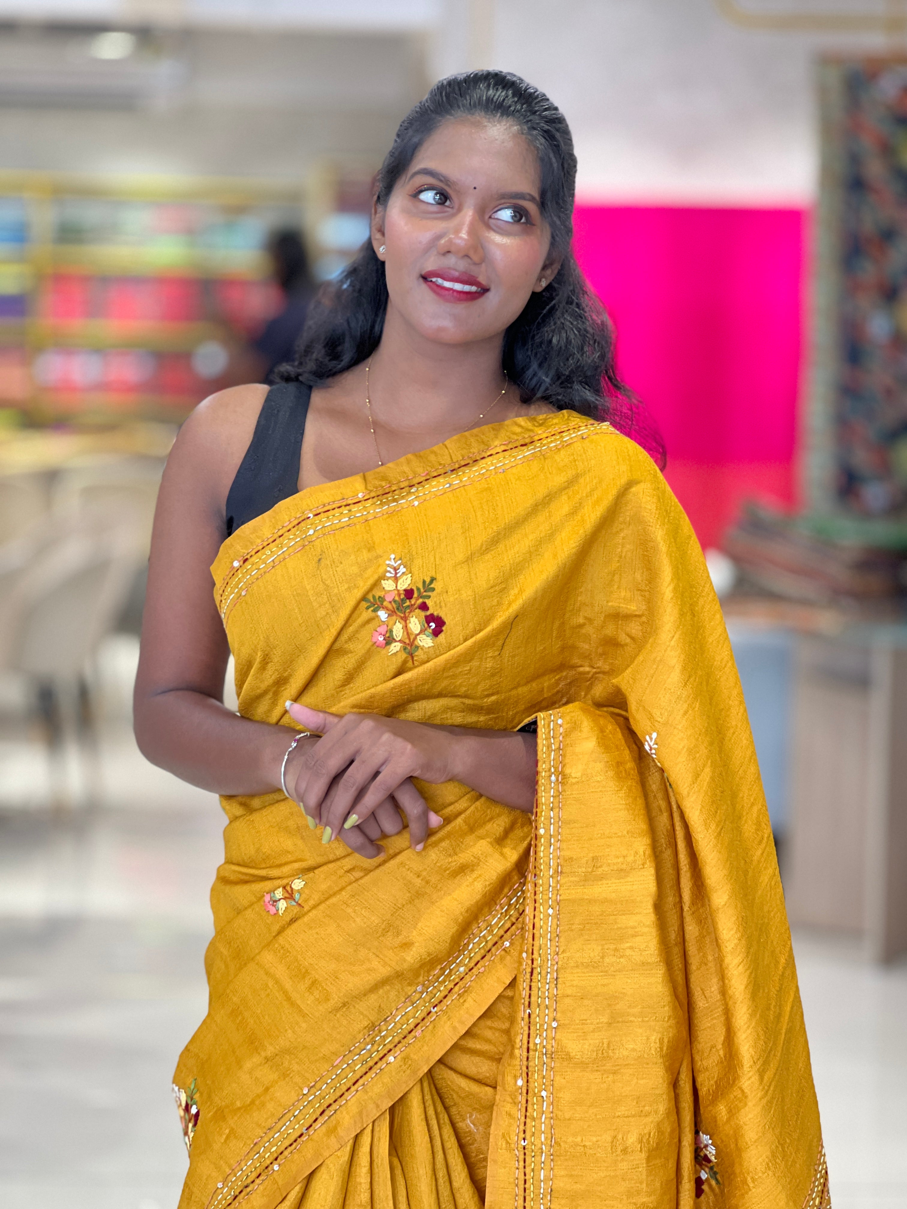 Floral Embroidered Tussar Finish Saree | RP697