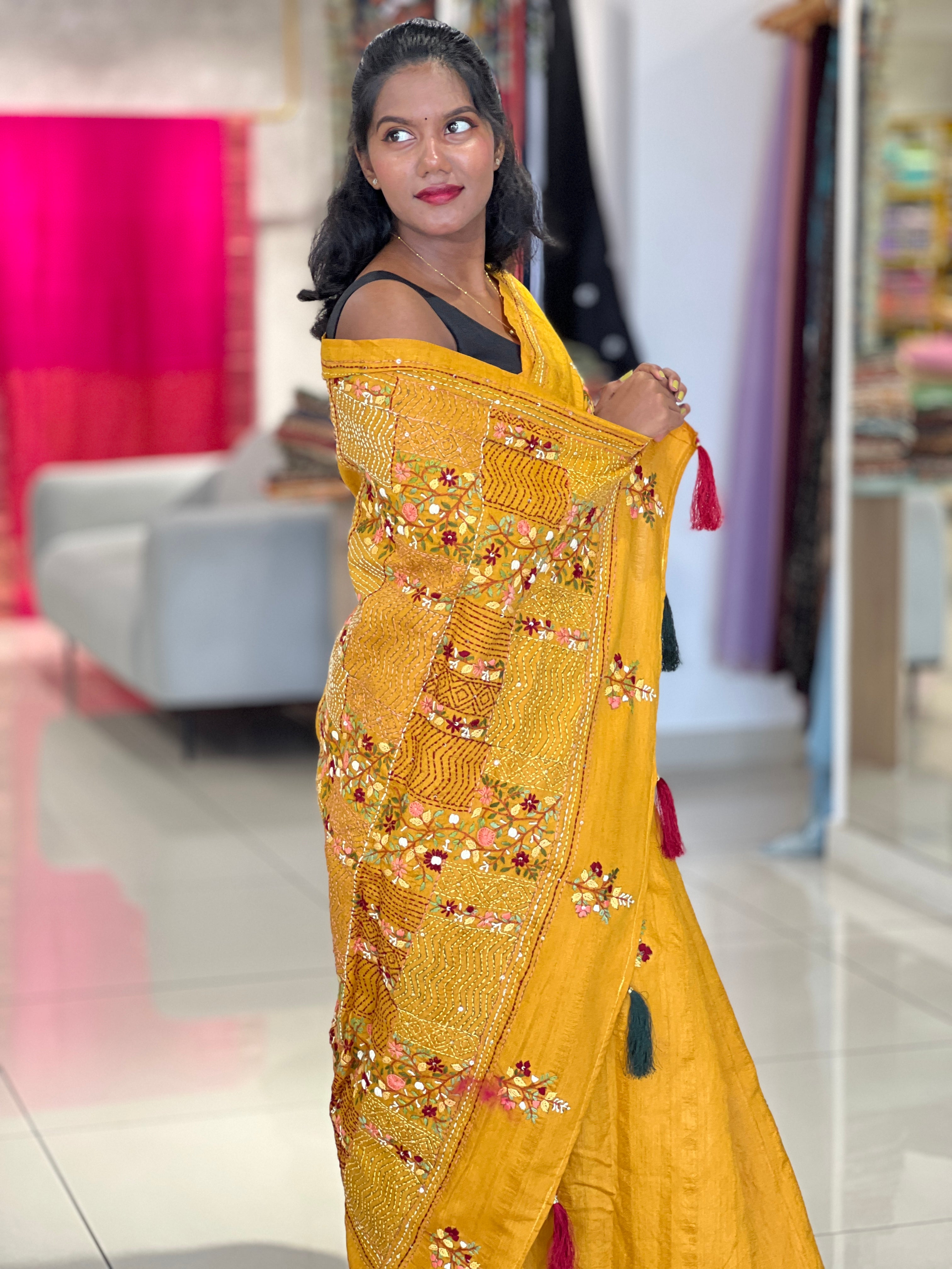 Floral Embroidered Tussar Finish Saree | RP697