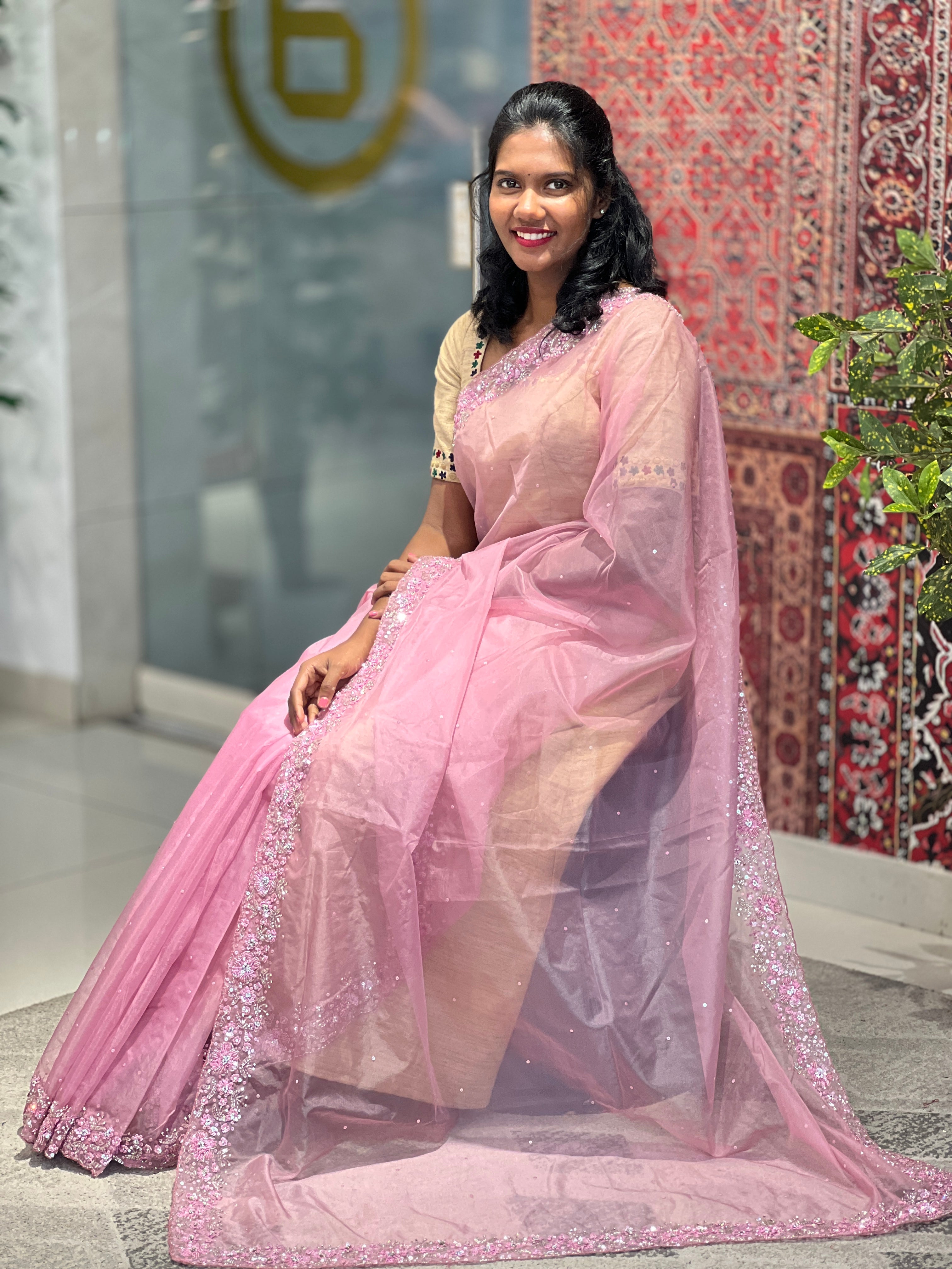 Hand Embroidered Detailed Organza Saree |  SBP680