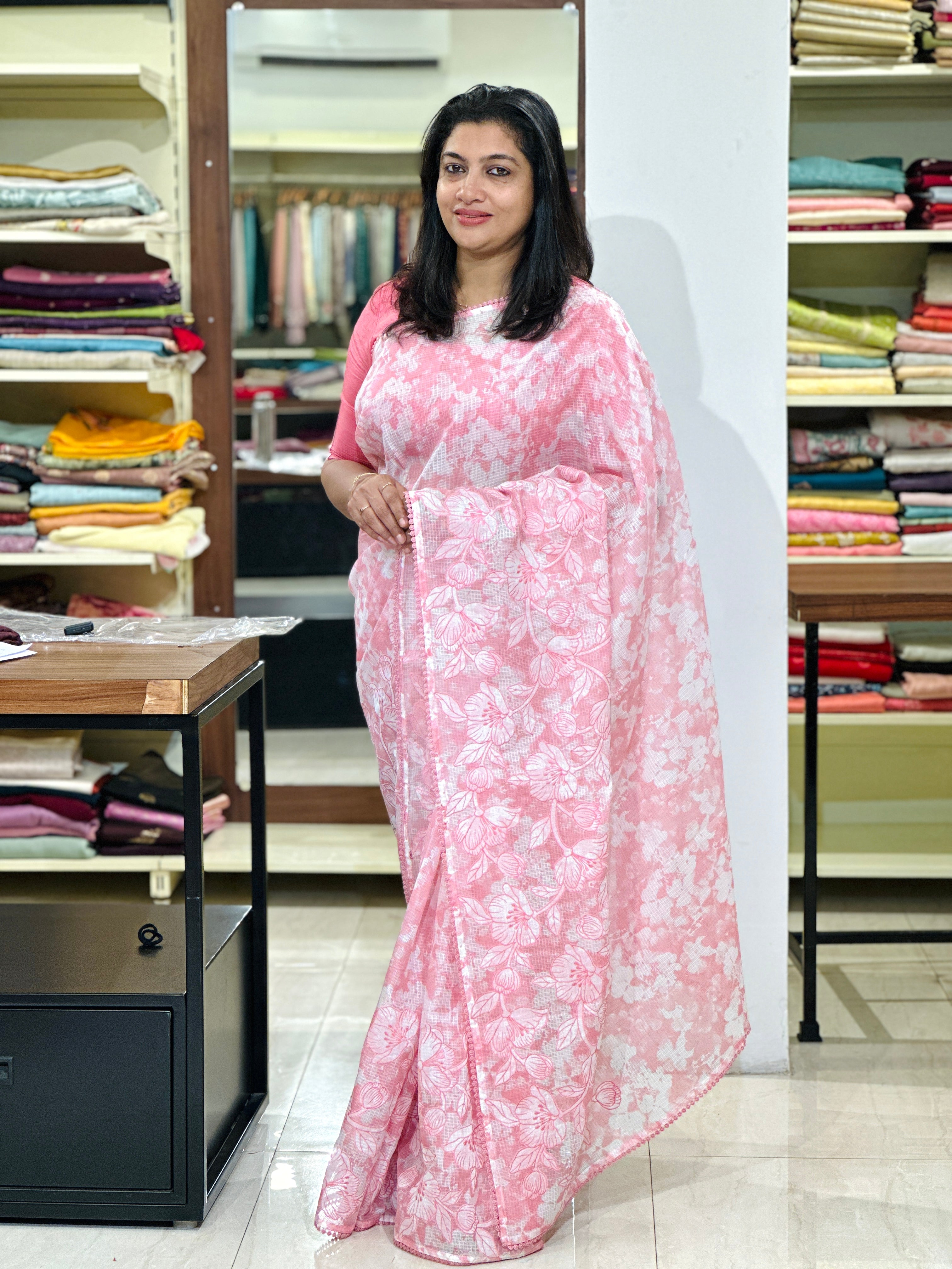 Print With Floral Applique Work Detailed Kota Saree | BLD1306