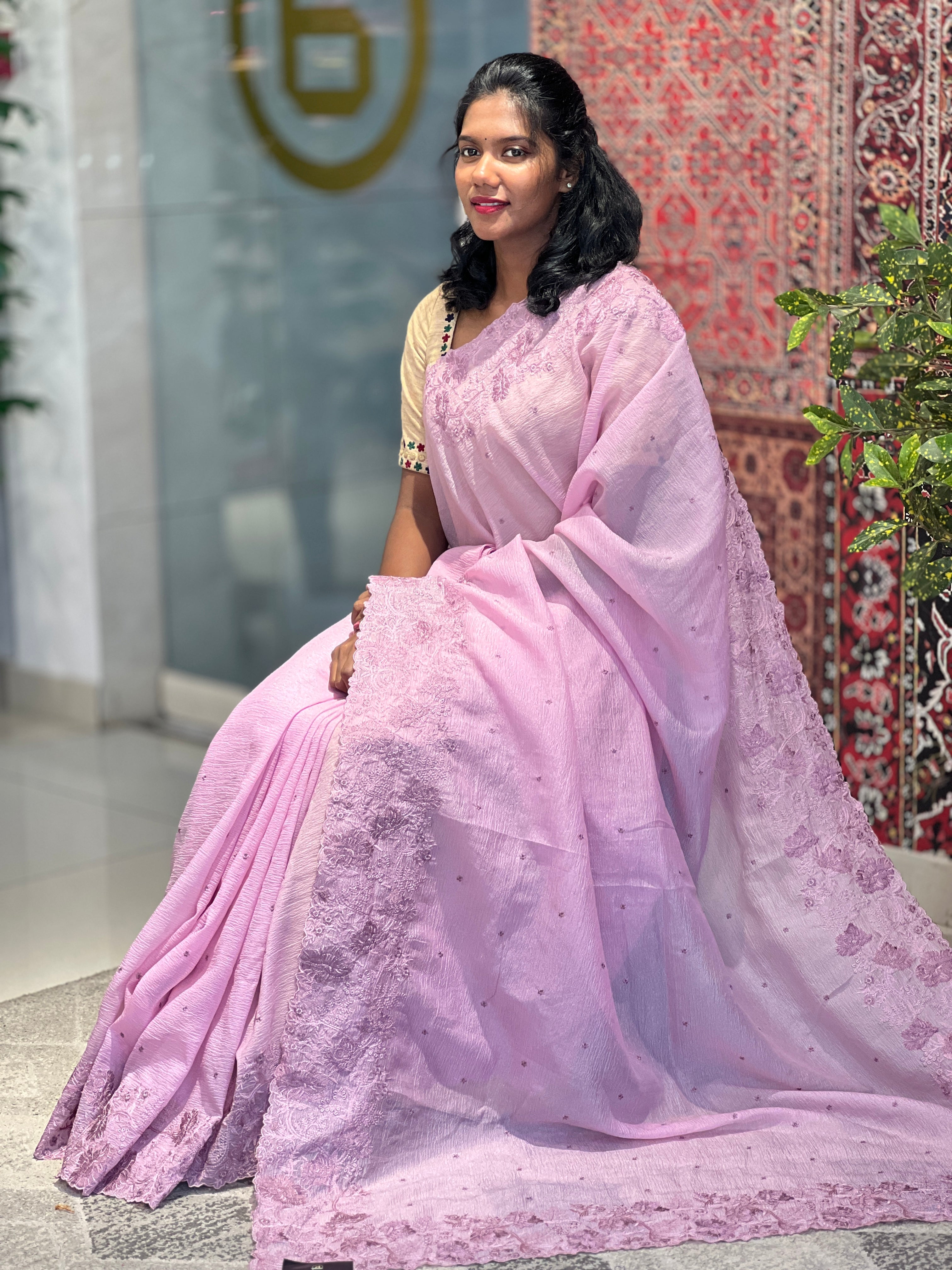 Floral Embroidered Crushed Organza Saree | SBP746