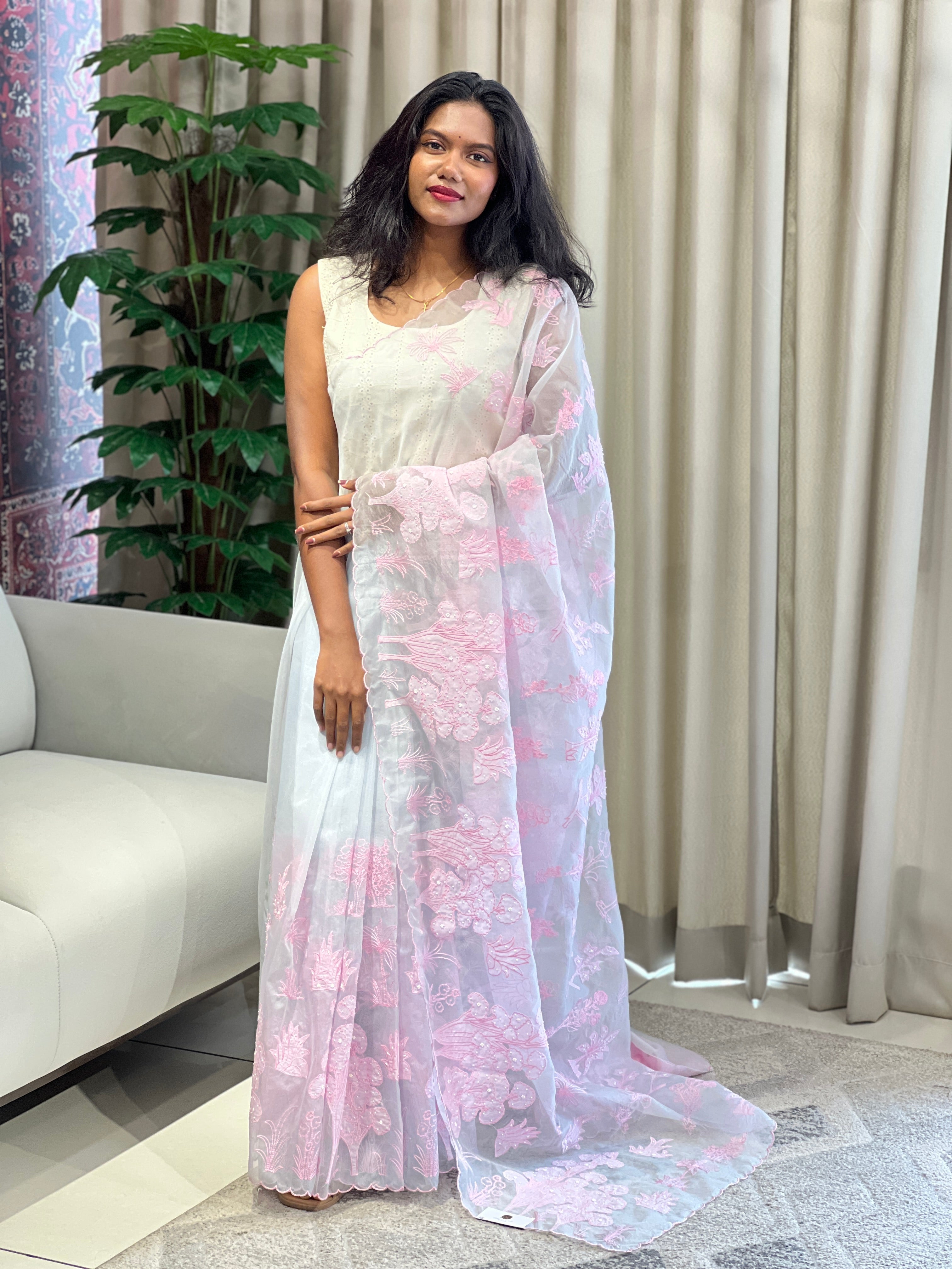 Applique Embroidery With Sugar Beads Highlighted Organza Saree | MM272