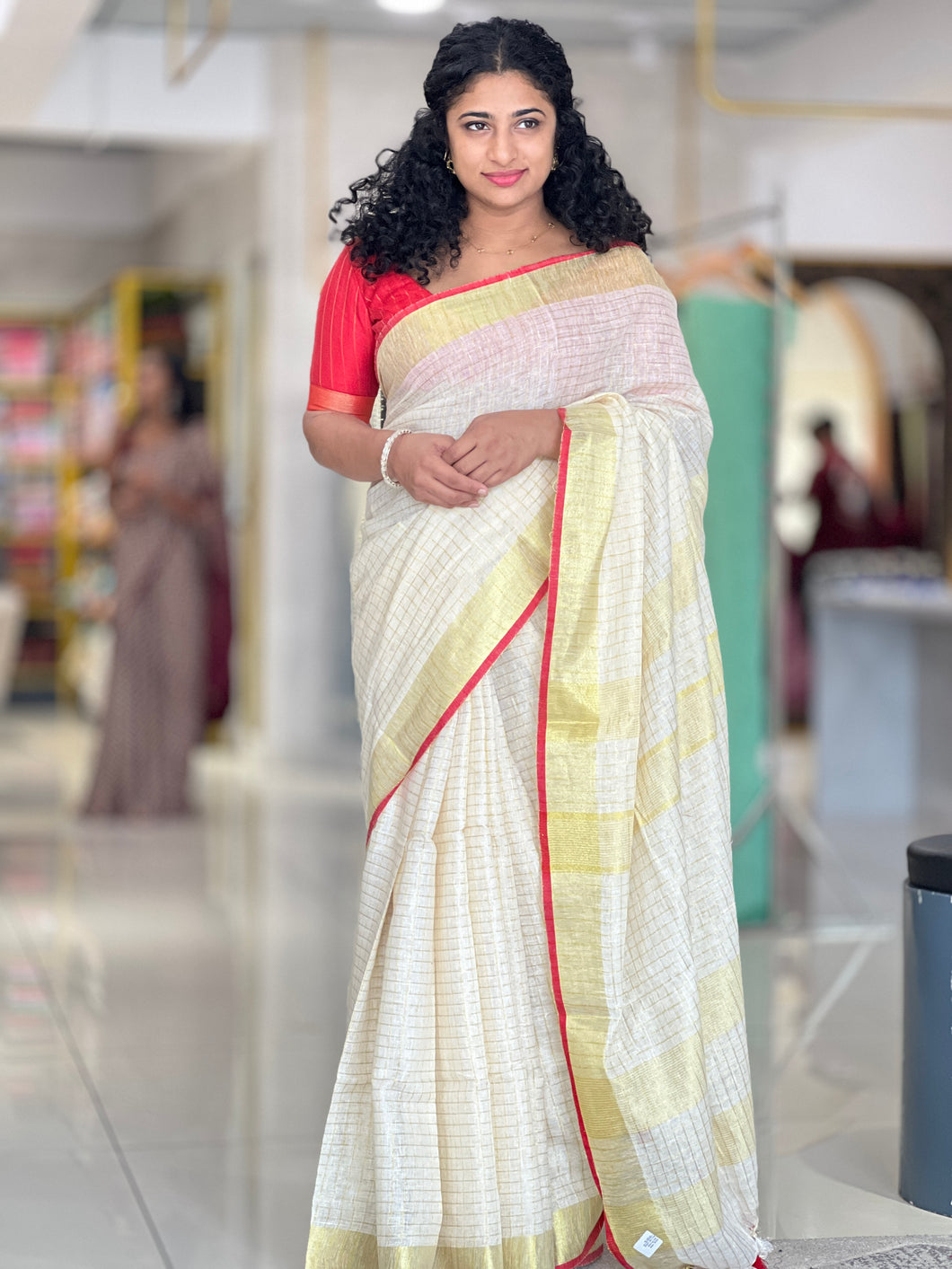 Zari Check Weaving Linen Saree | SK333