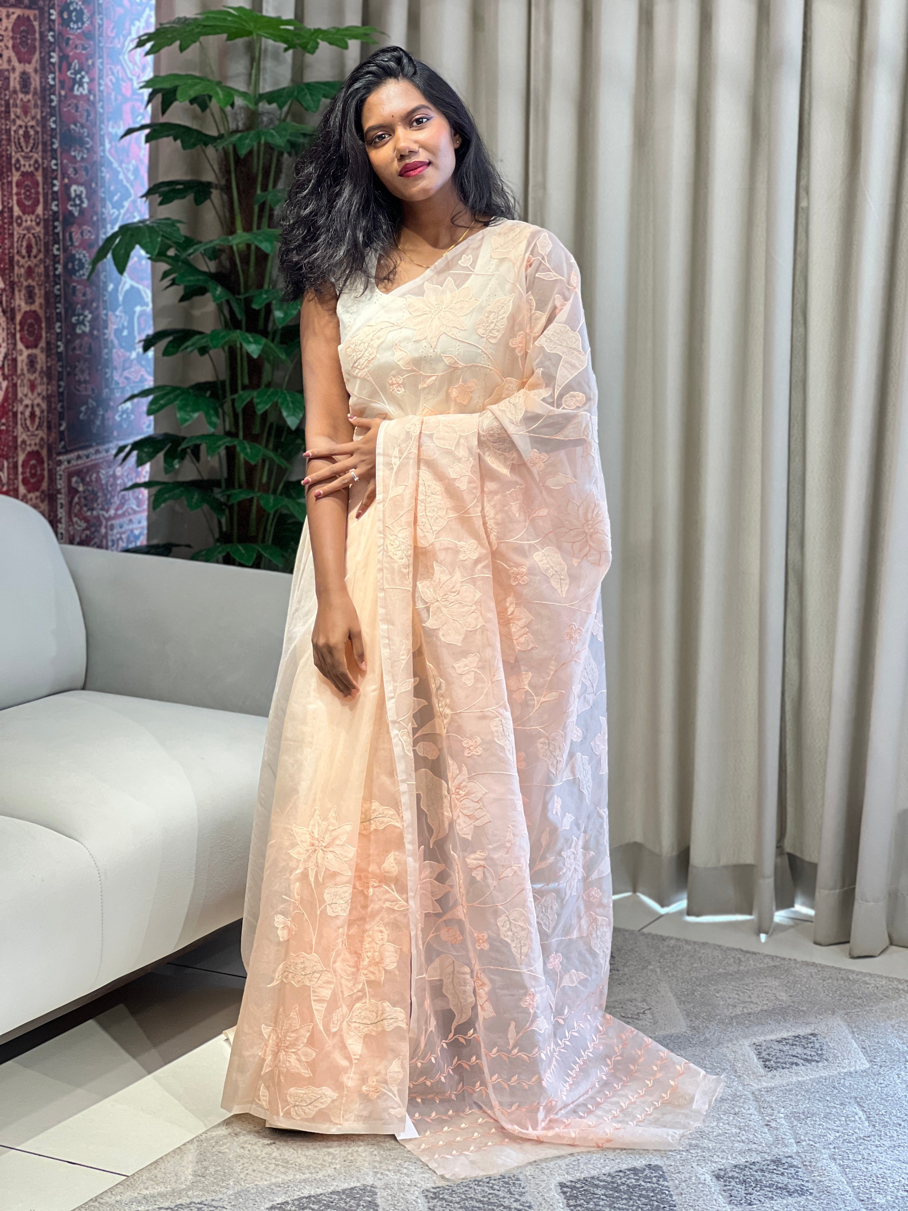 Floral Applique Detailed Organza Saree | MM263