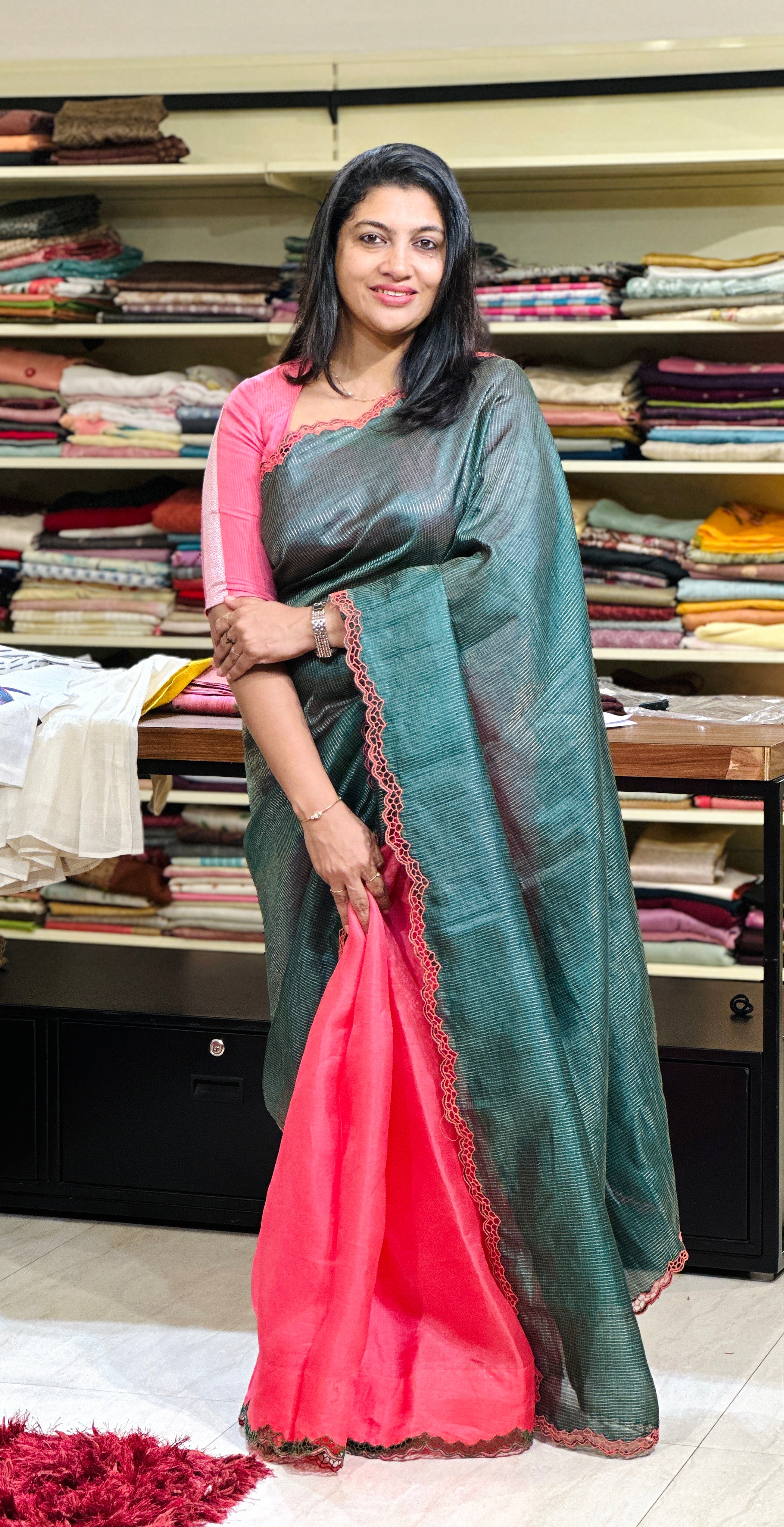 Cutwork Detailed Check Tussar & Silk Organza Combinational Saree | TC362