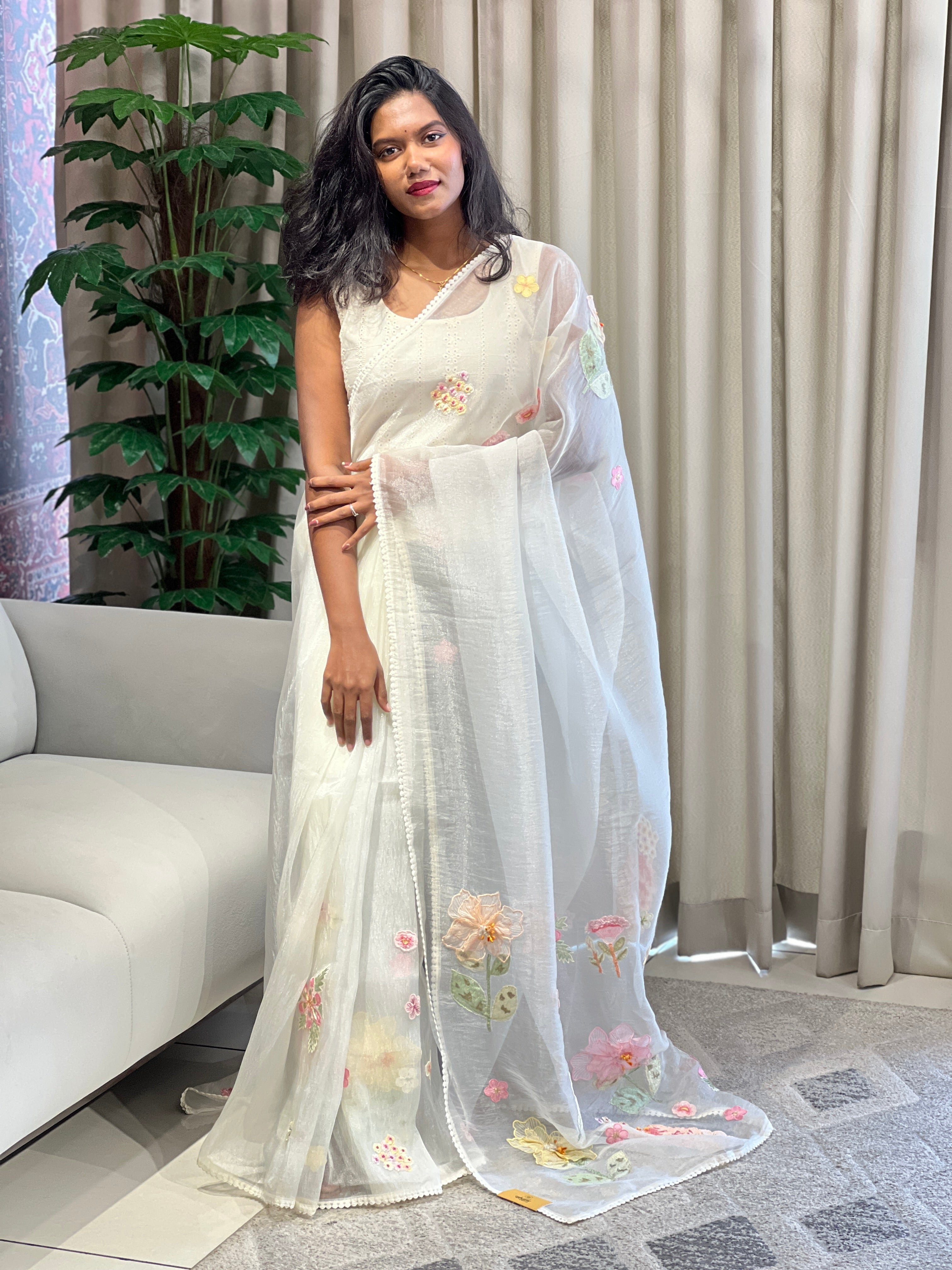 Floral Machine Embroidery Detailed Shimmer Organza Saree | BLD1968