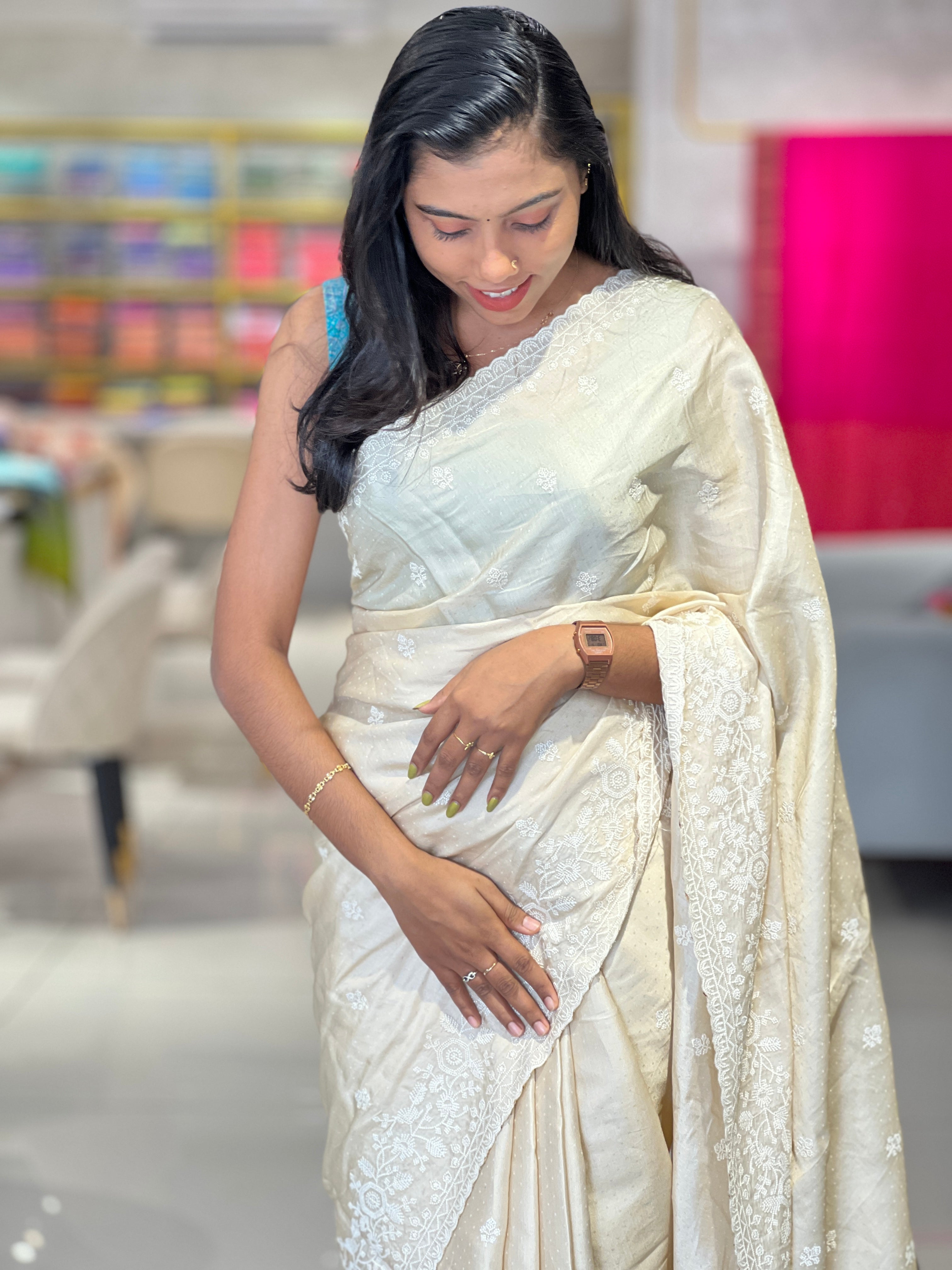 Point Embroidery Detailed Tussar Finish Saree | SUN339