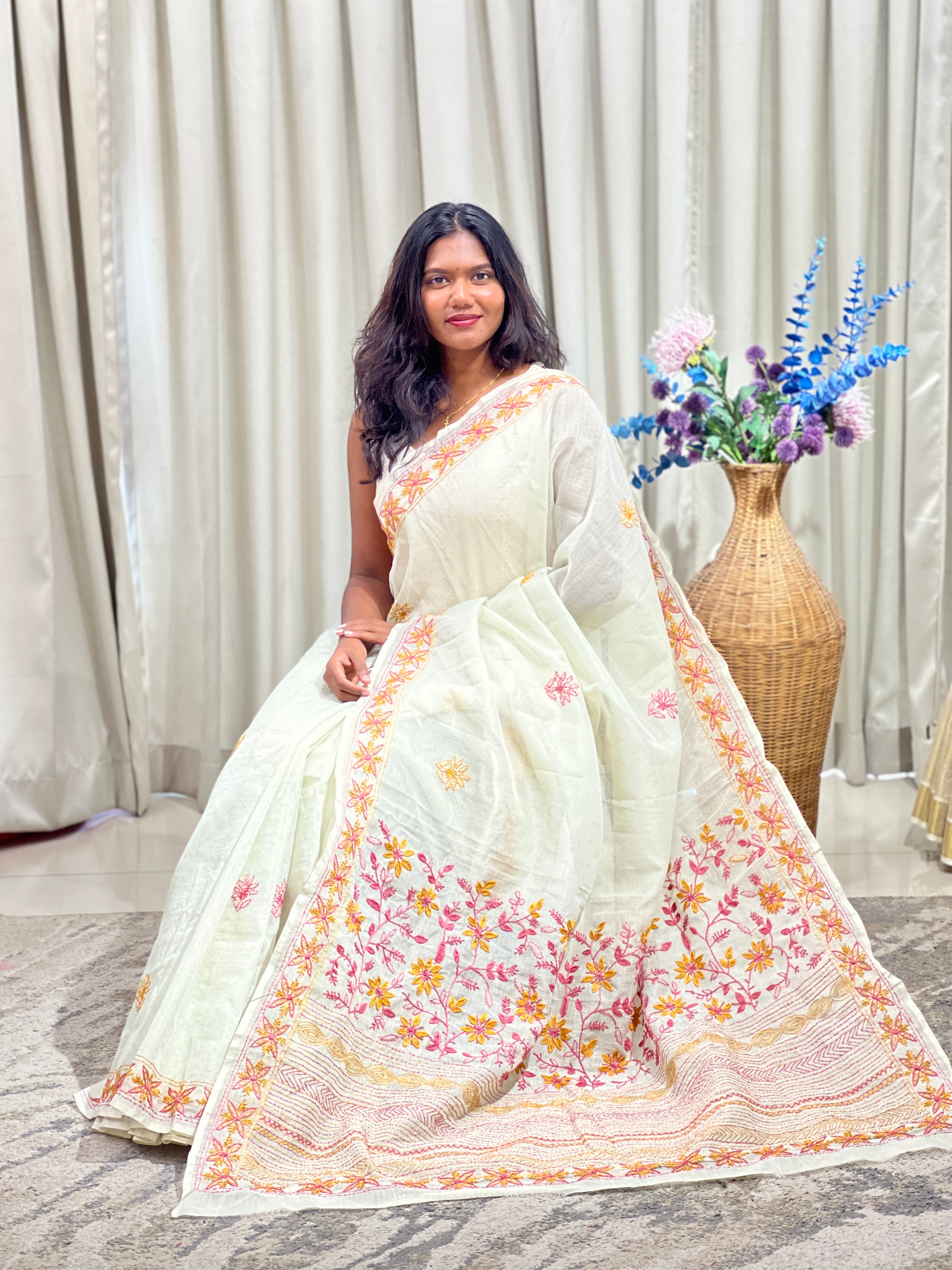 Hand Embroidered Muga Check Organza Saree | JSC758