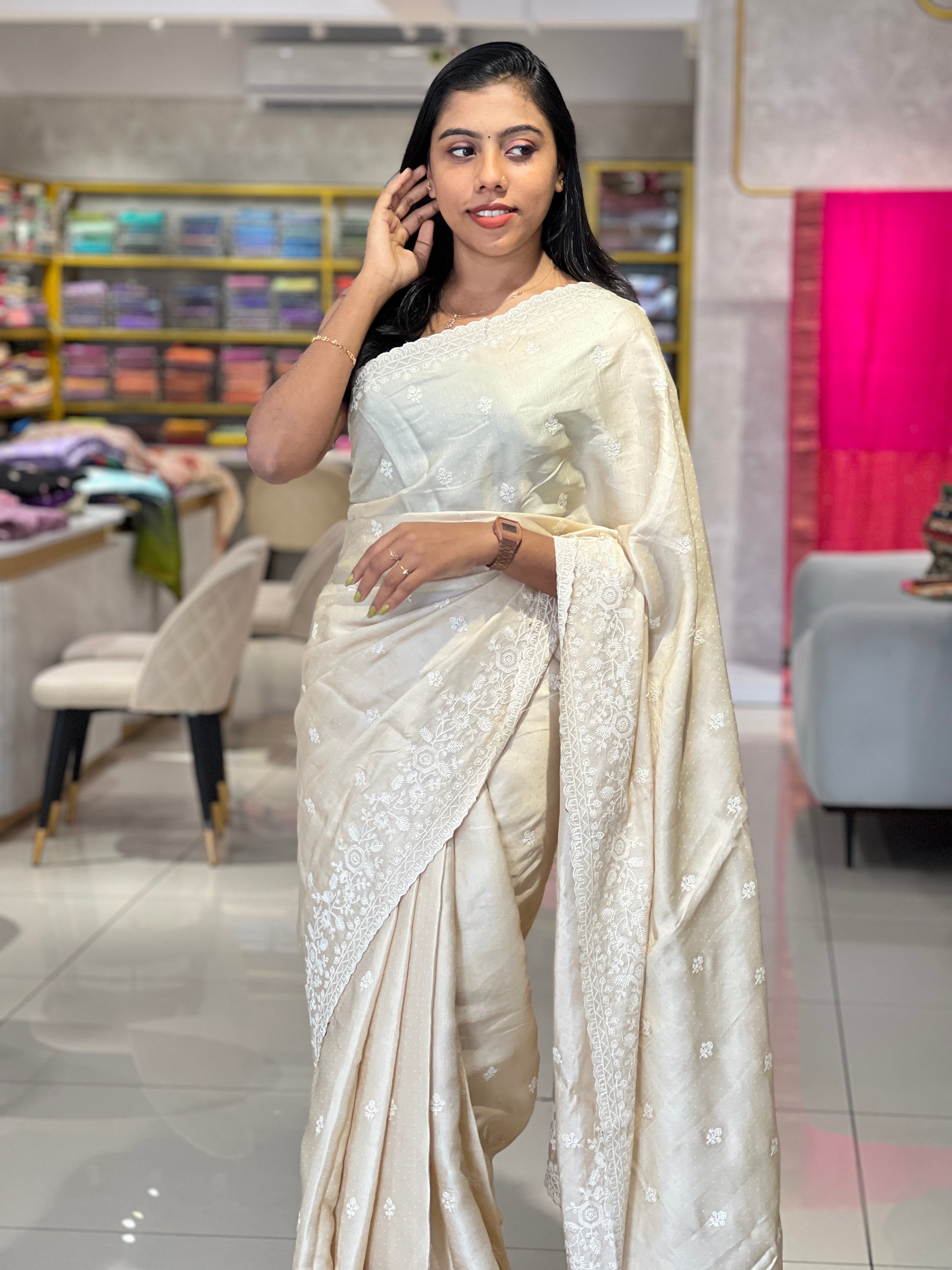 Point Embroidery Detailed Tussar Finish Saree | SUN339