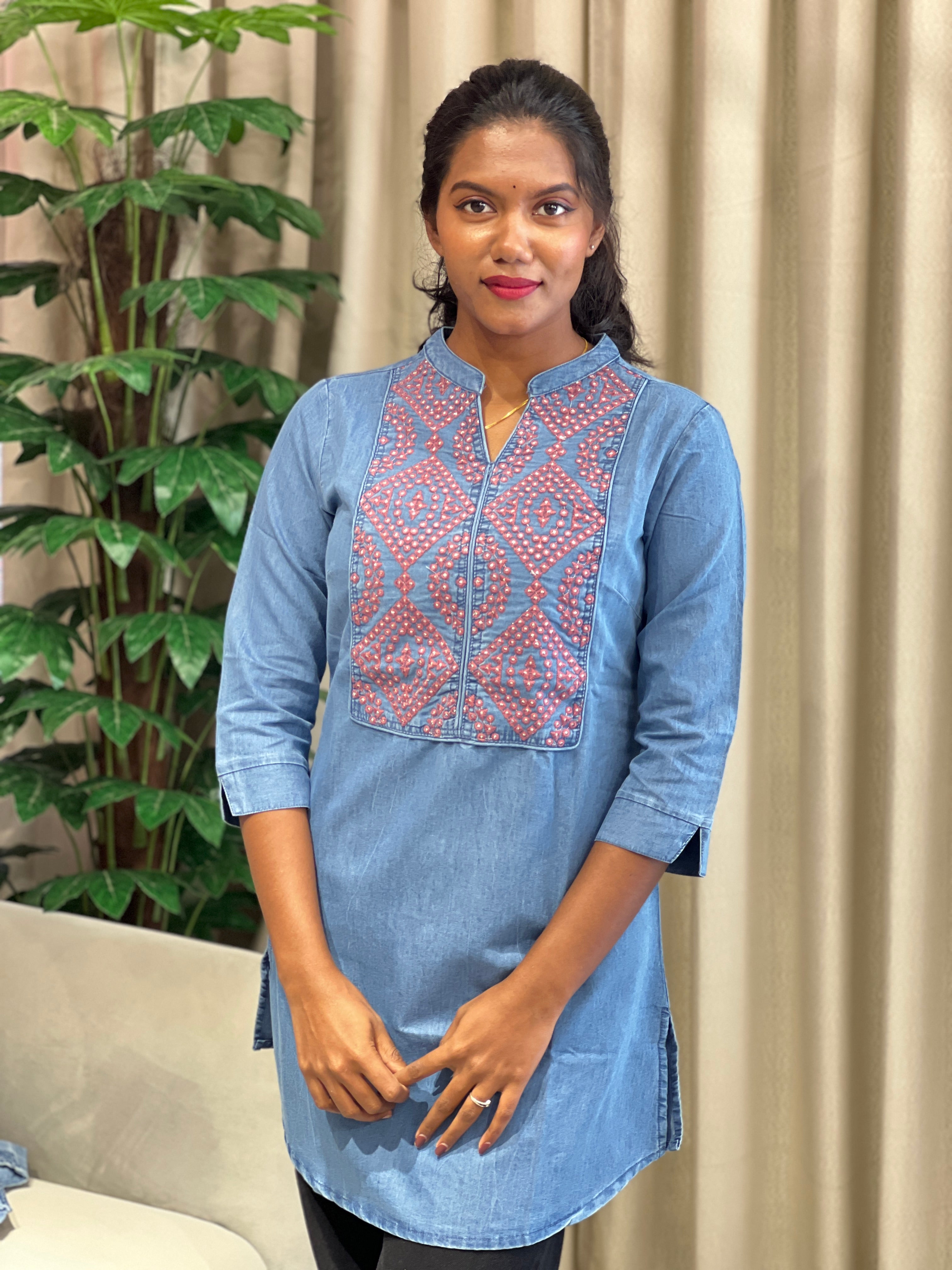 Machine Embroidered Denim Short Kurta | PGI317