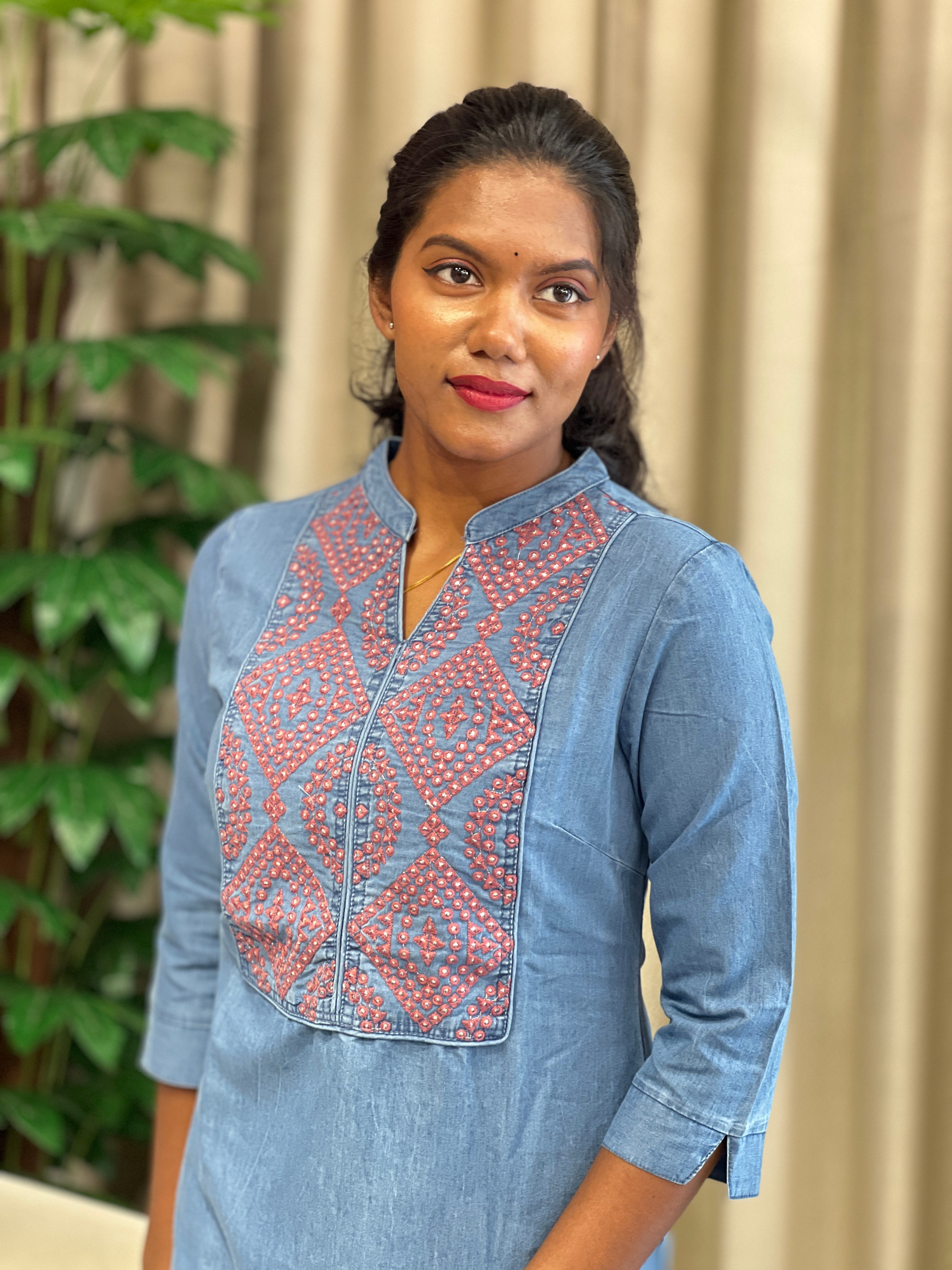 Machine Embroidered Denim Short Kurta | PGI317