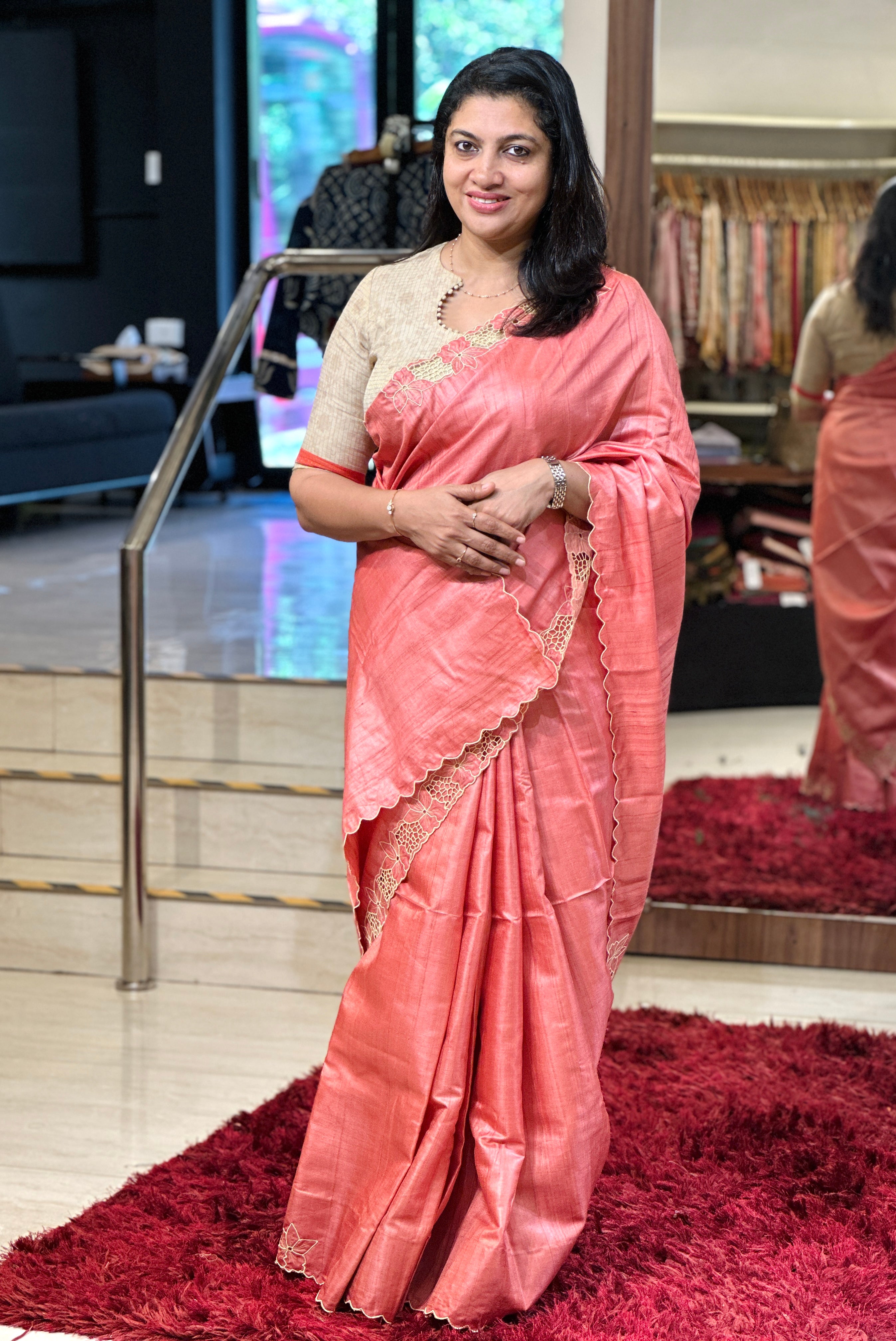 Floral Twine Cut Work Placement Embroidered Desi Tussar Saree | TC446