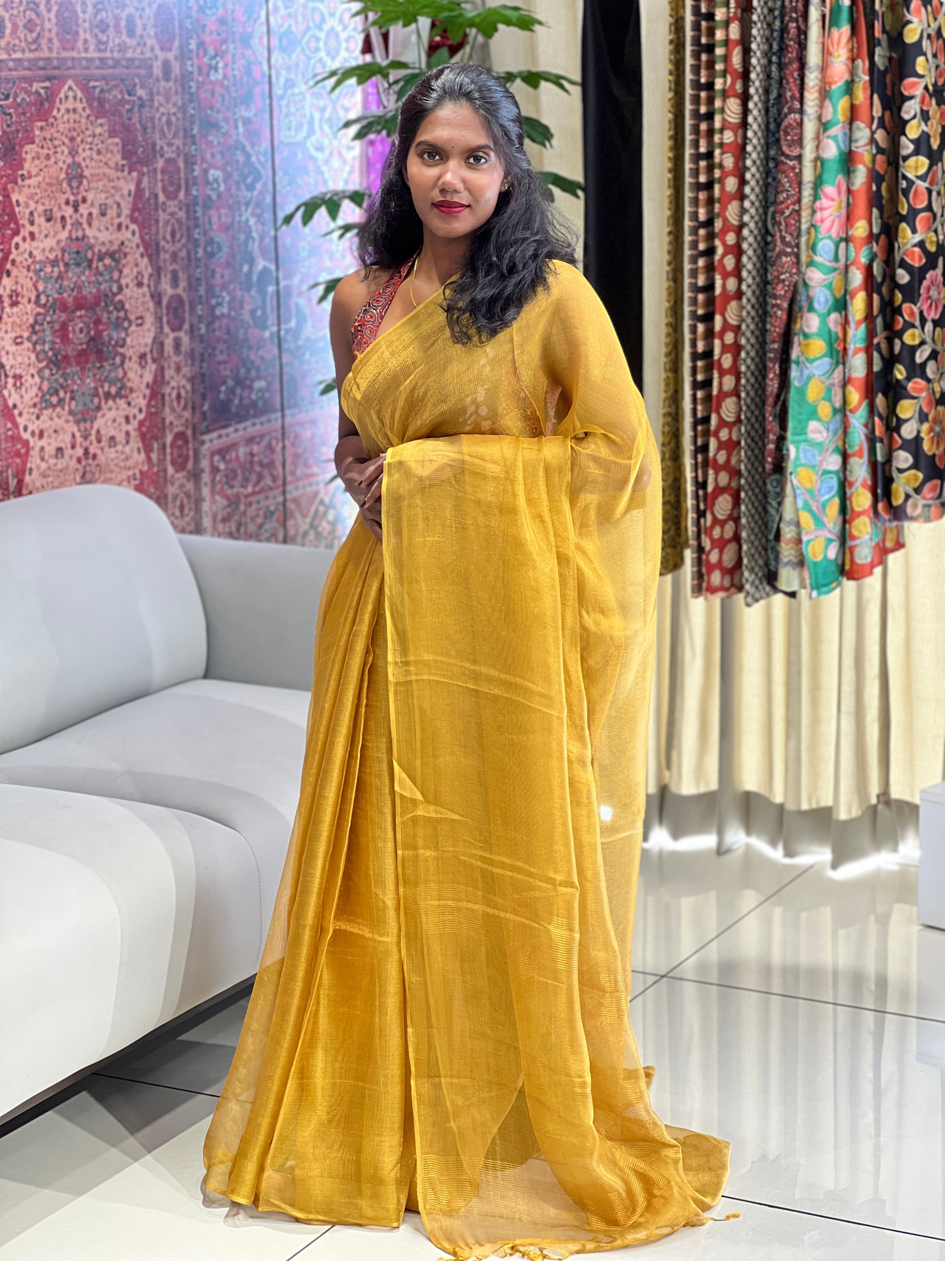 Solid Patterned Tussar Tissue Saree | HS1280