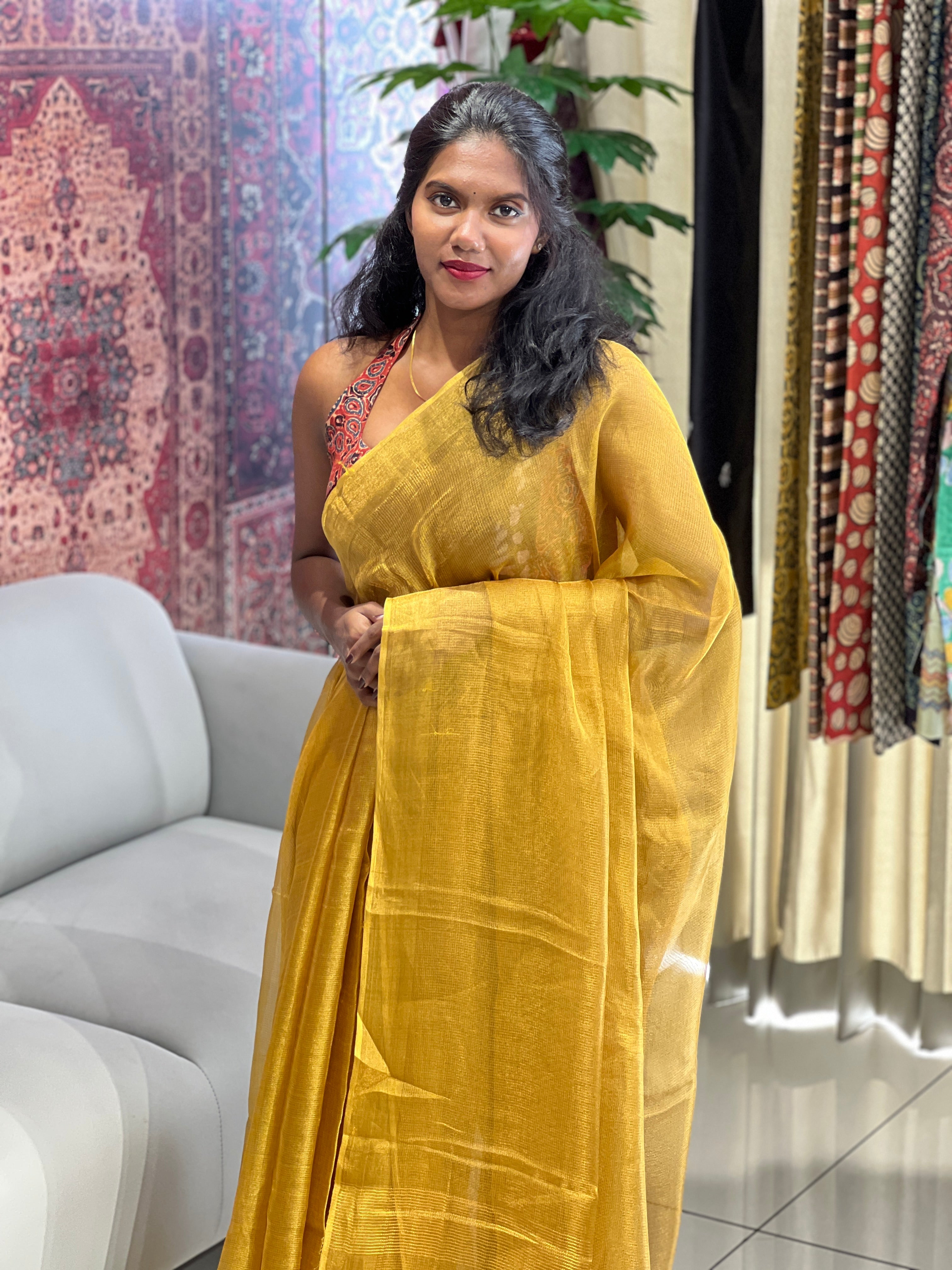 Solid Patterned Tussar Tissue Saree | HS1280