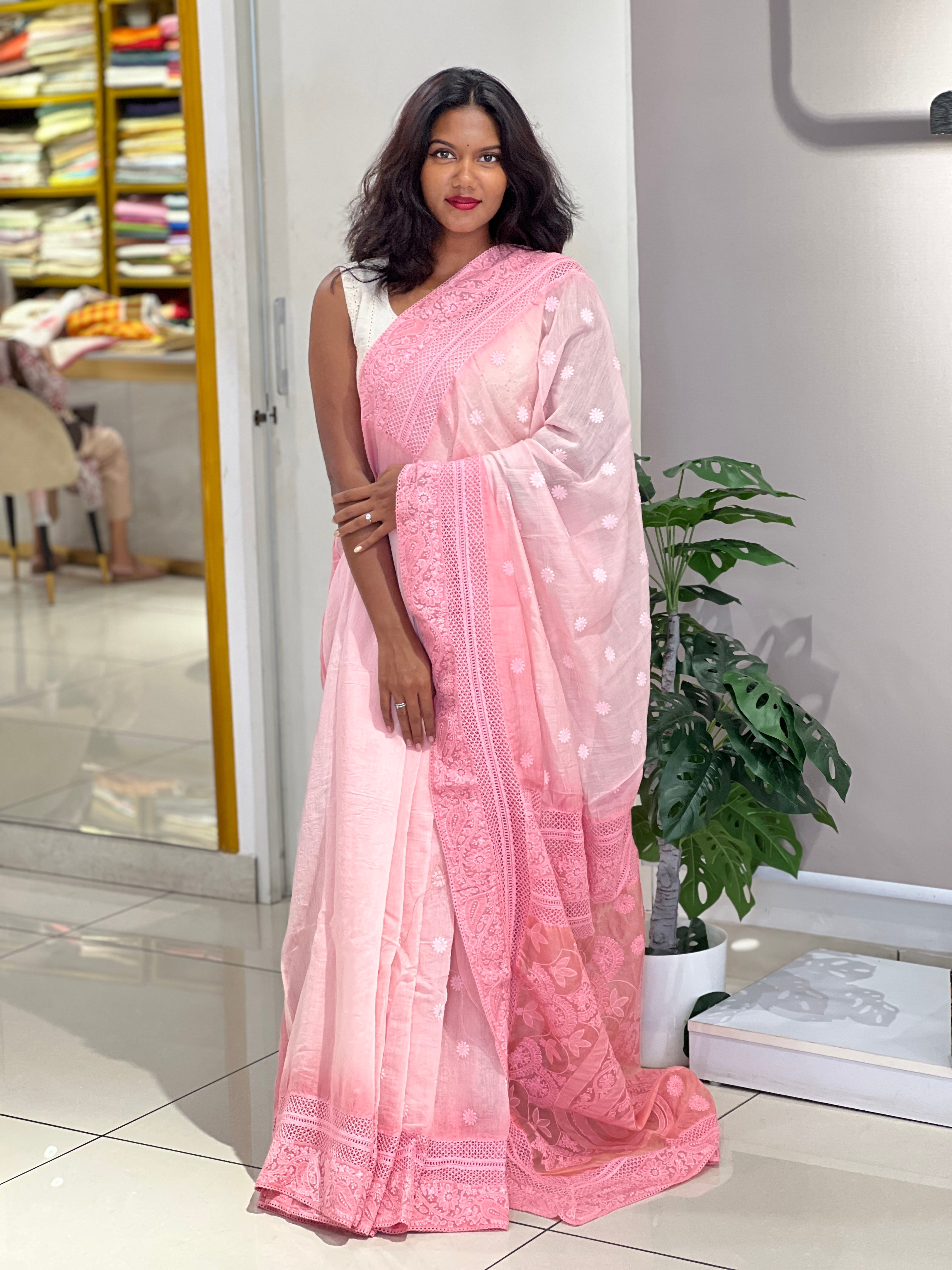 Lucknowi Inspired Embroidery Detailed Mul Cotton Saree | MM439