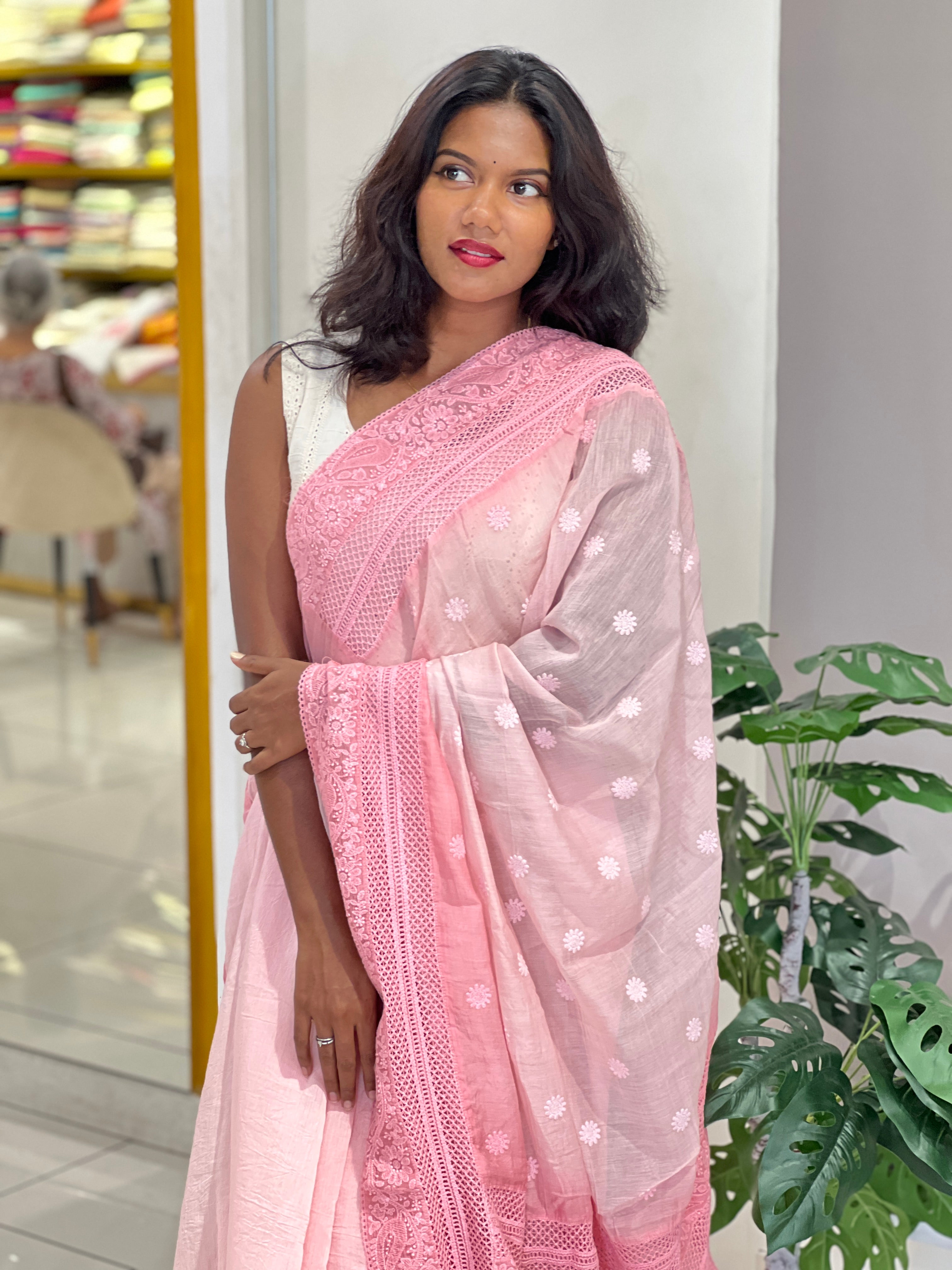 Lucknowi Inspired Embroidery Detailed Mul Cotton Saree | MM439