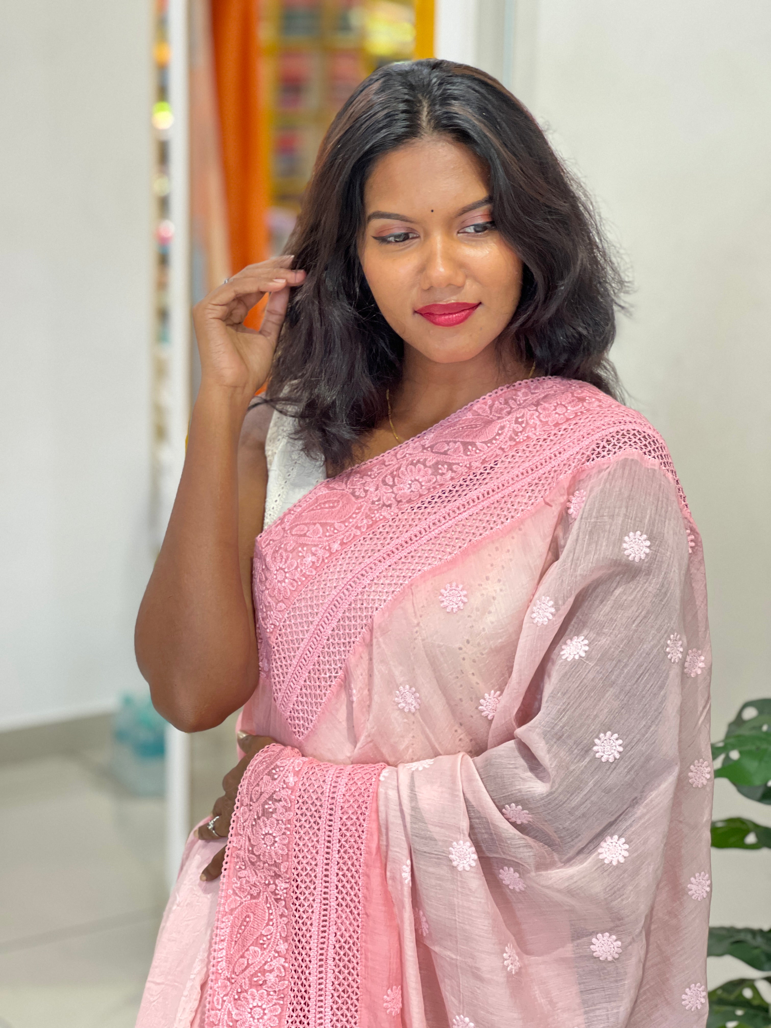 Lucknowi Inspired Embroidery Detailed Mul Cotton Saree | MM439