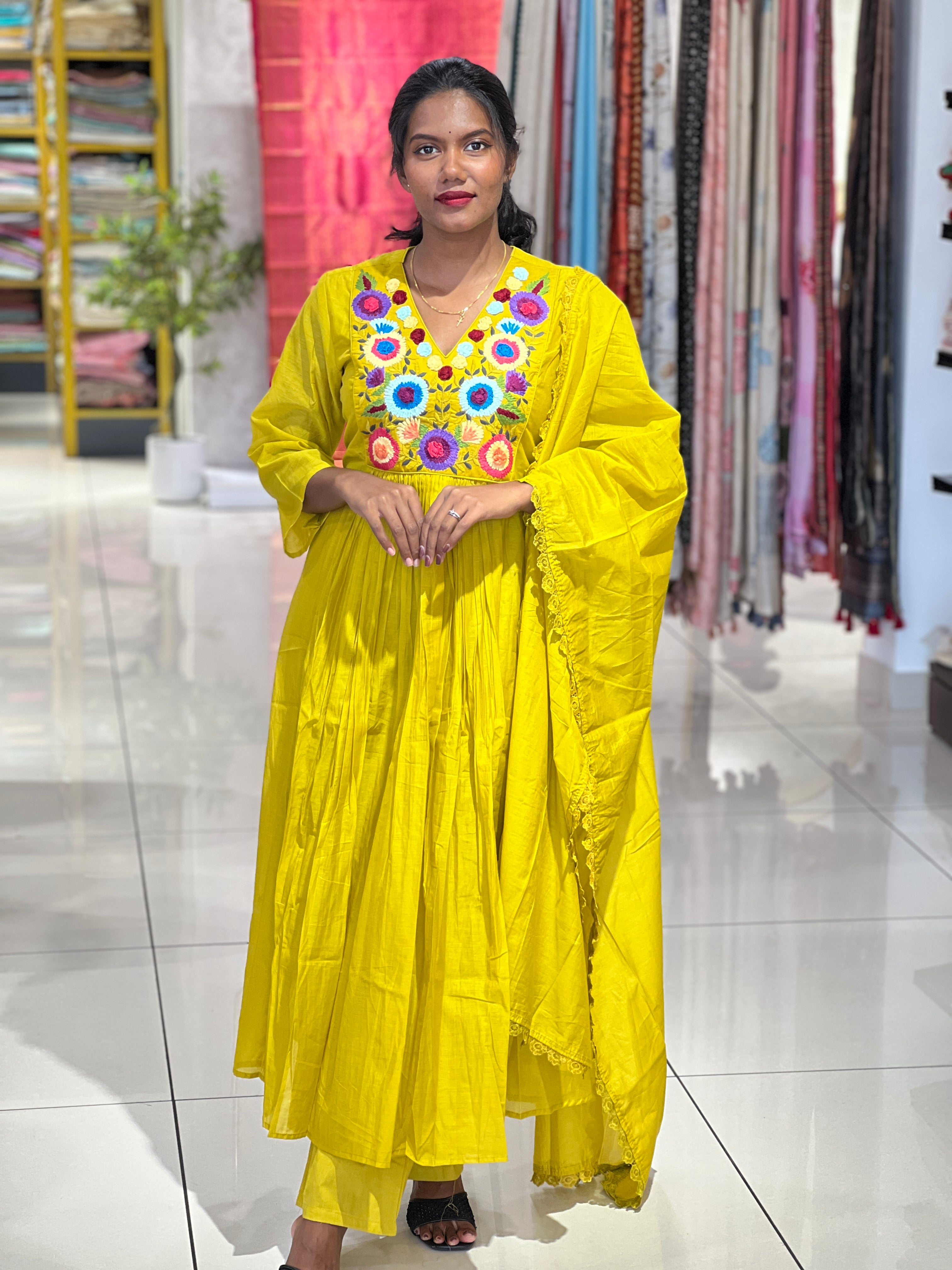 Multi Colour Floral Embroidery Pure Chanderi Kurta Set | PGI289