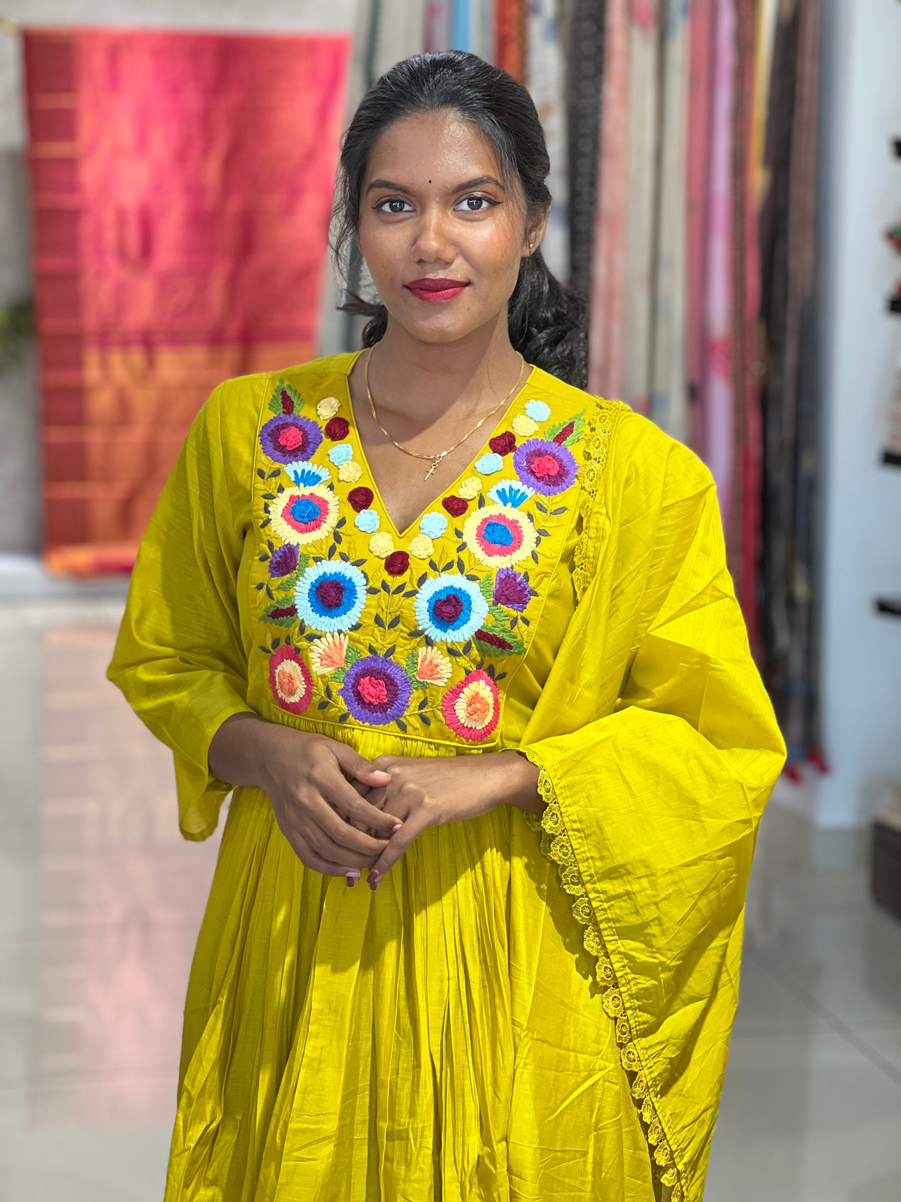 Multi Colour Floral Embroidery Pure Chanderi Kurta Set | PGI289