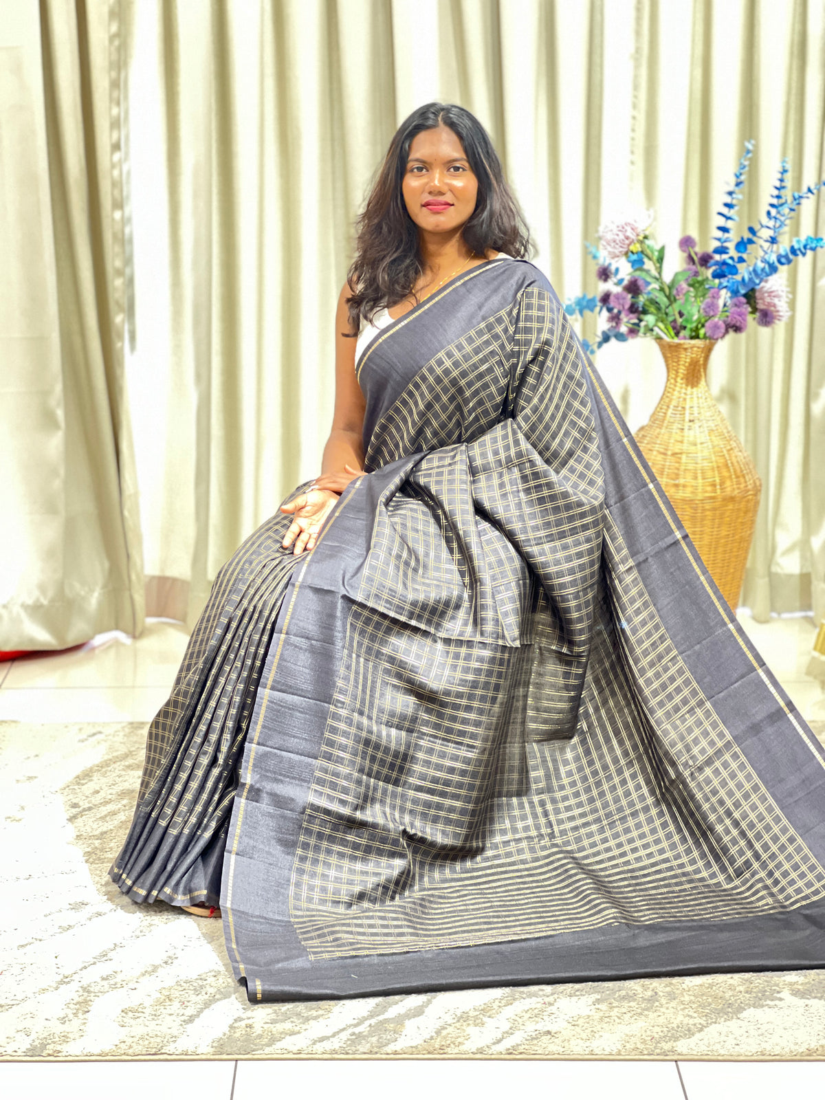 Check Weaving  Semi Semi Tussar Saree | GA158