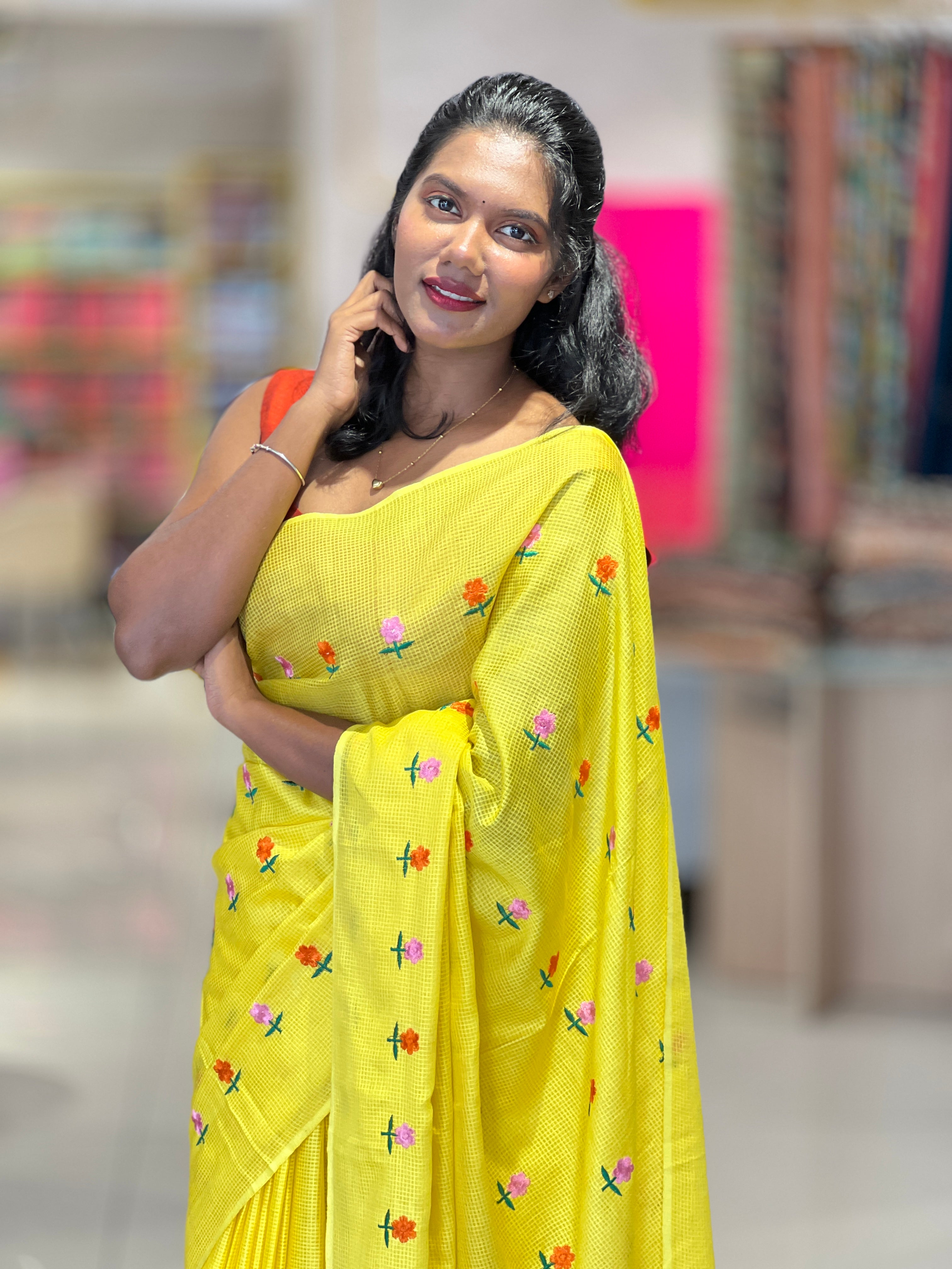 Machine Embroidered Bahgalpuri Check Silk Saree | NHH142