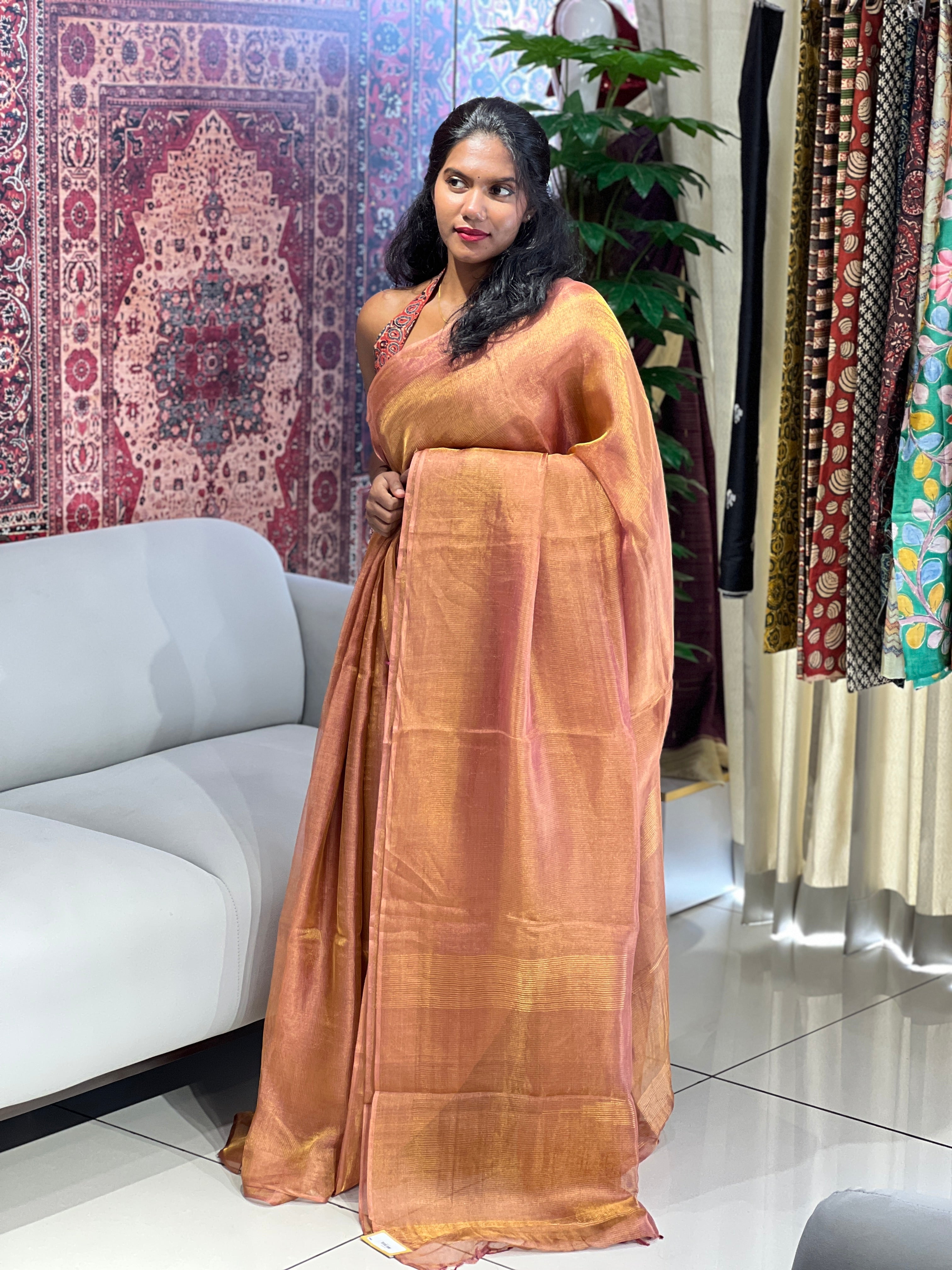 Solid Patterned Tussar Tissue Saree | HS1279