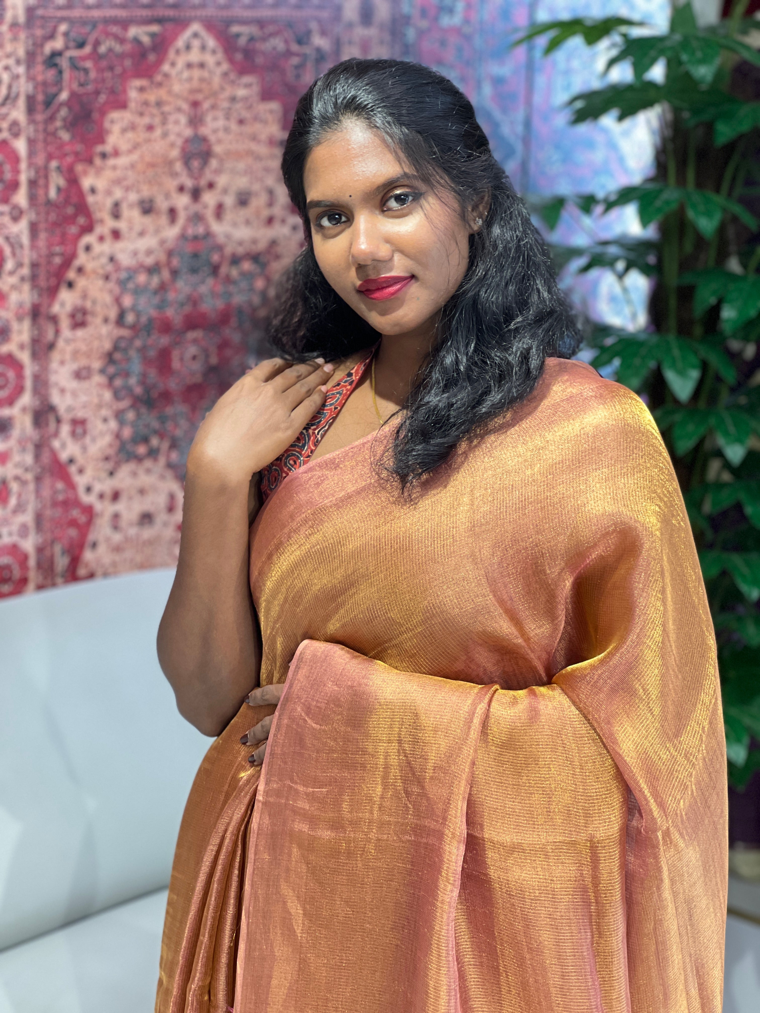 Solid Patterned Tussar Tissue Saree | HS1279