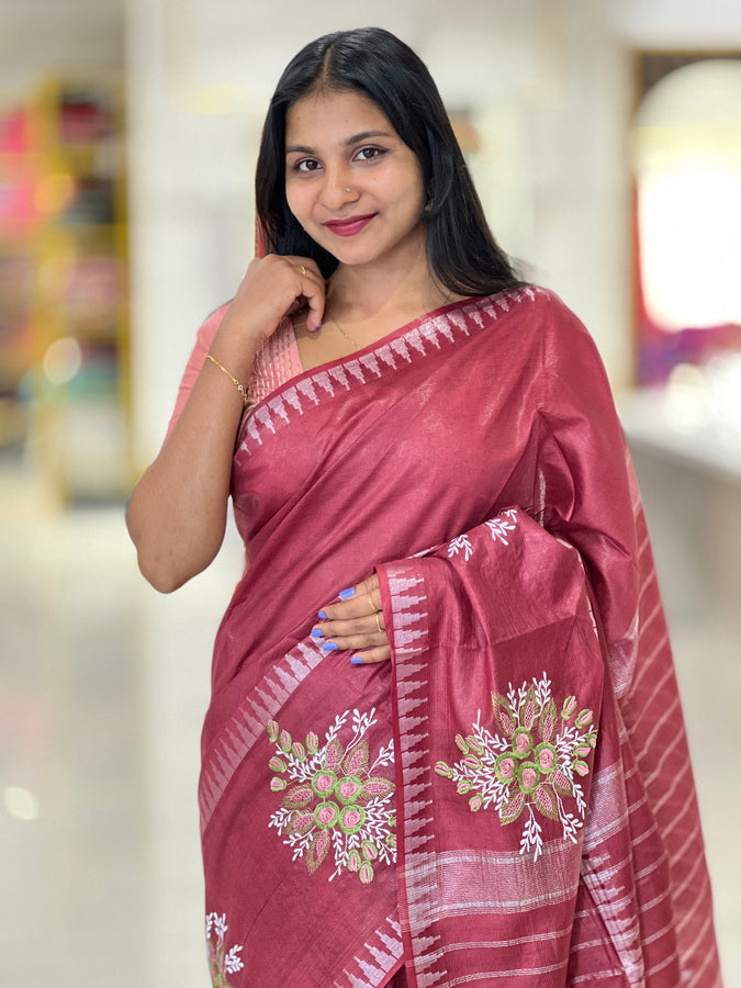 Floral Embroidery Detailed Bhagalpuri Saree | NHH396