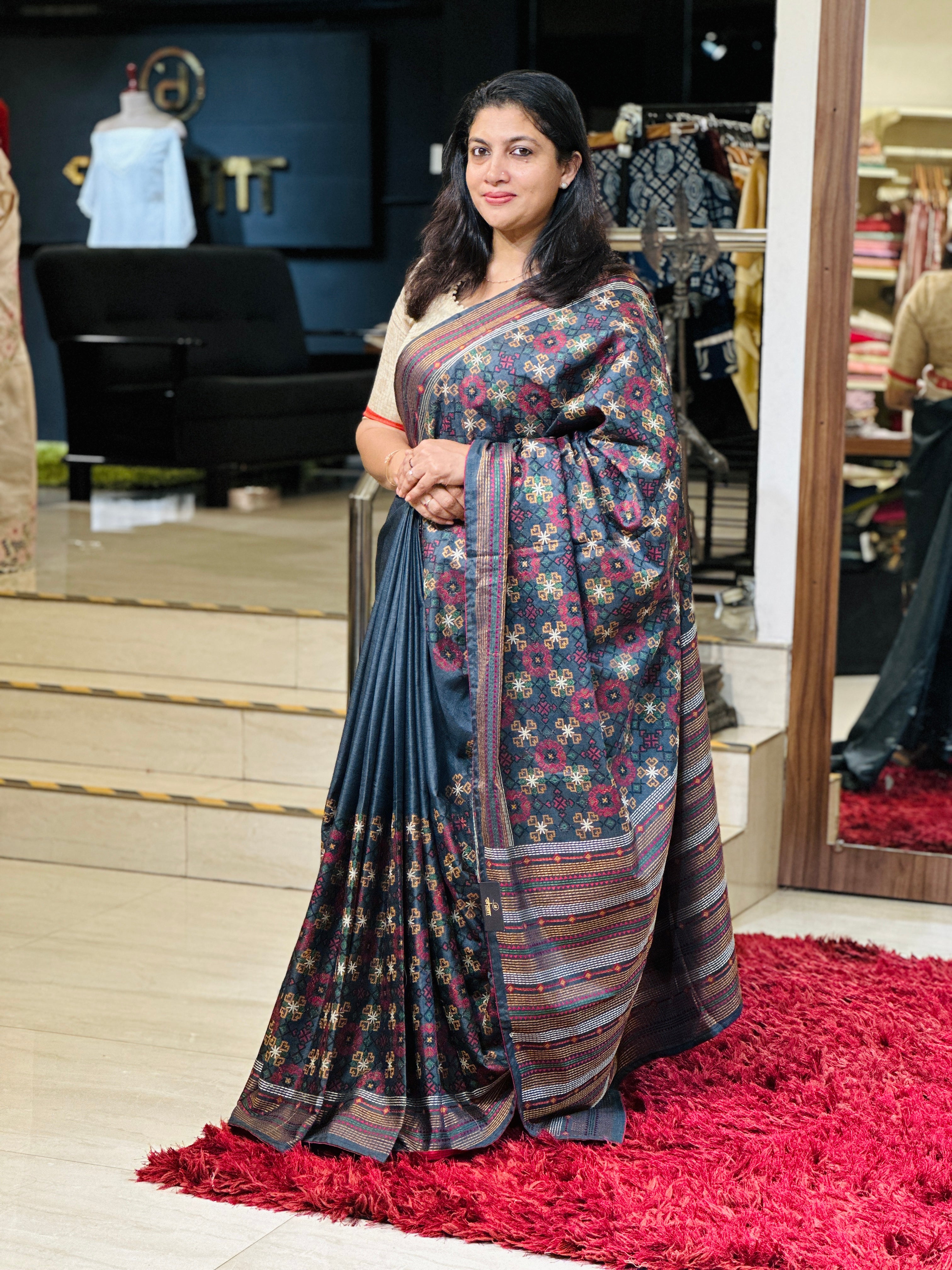 Multi-Colour Thread Embroidery Detailed Tussar Finish Saree | SUN461