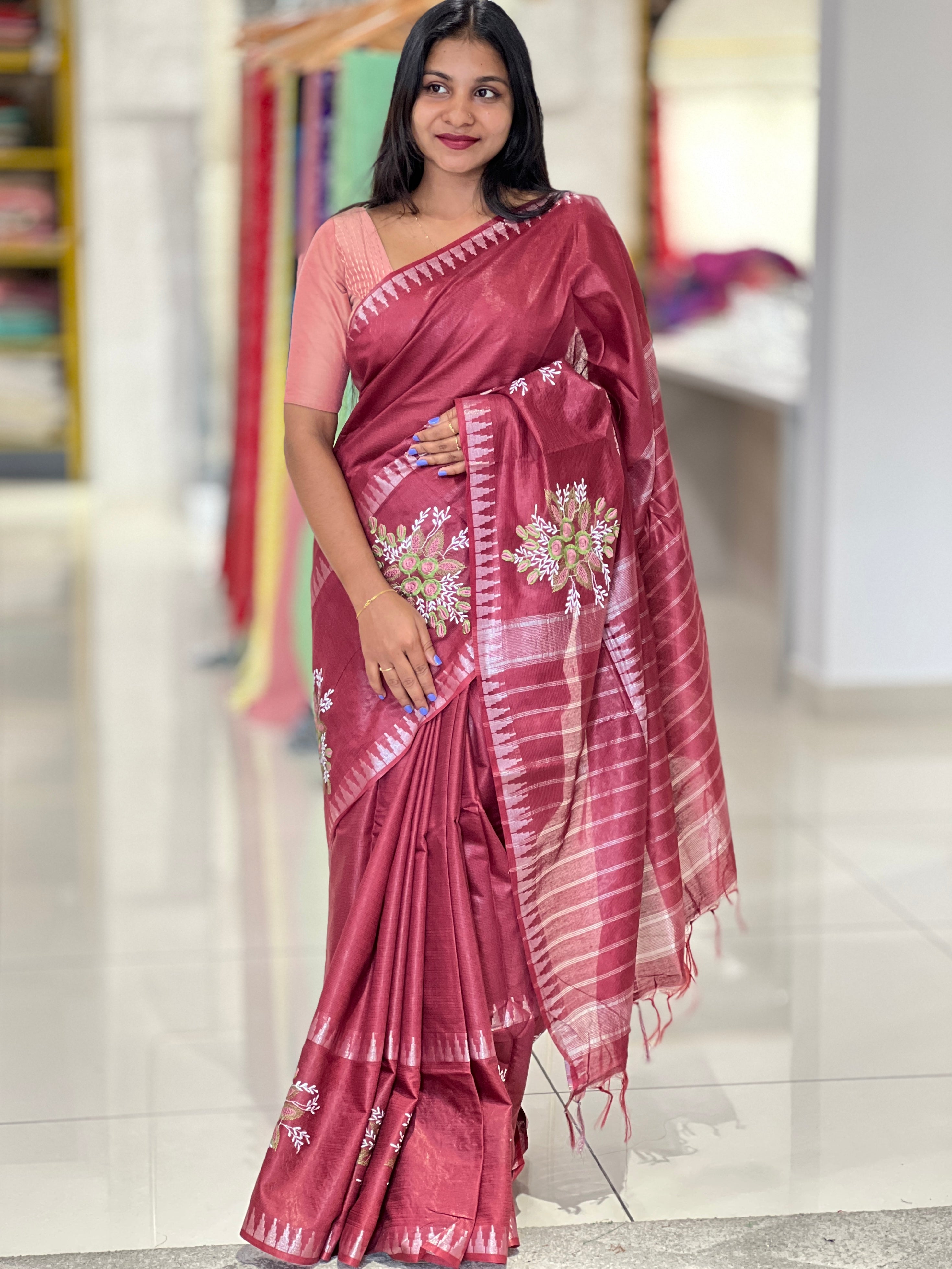 Floral Embroidery Detailed Bhagalpuri Saree | NHH396