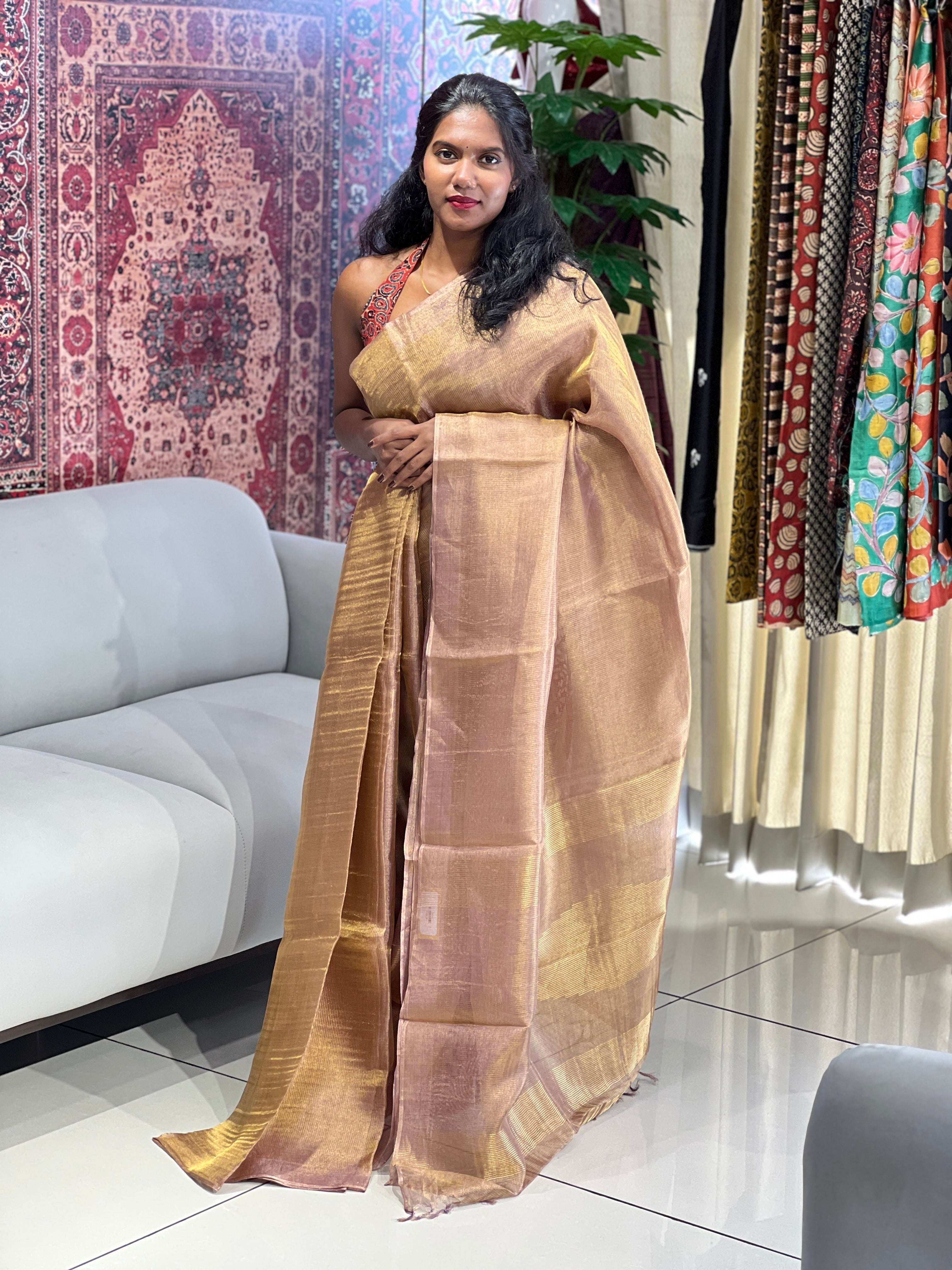 Solid Patterned Tussar Tissue Saree | HS1281