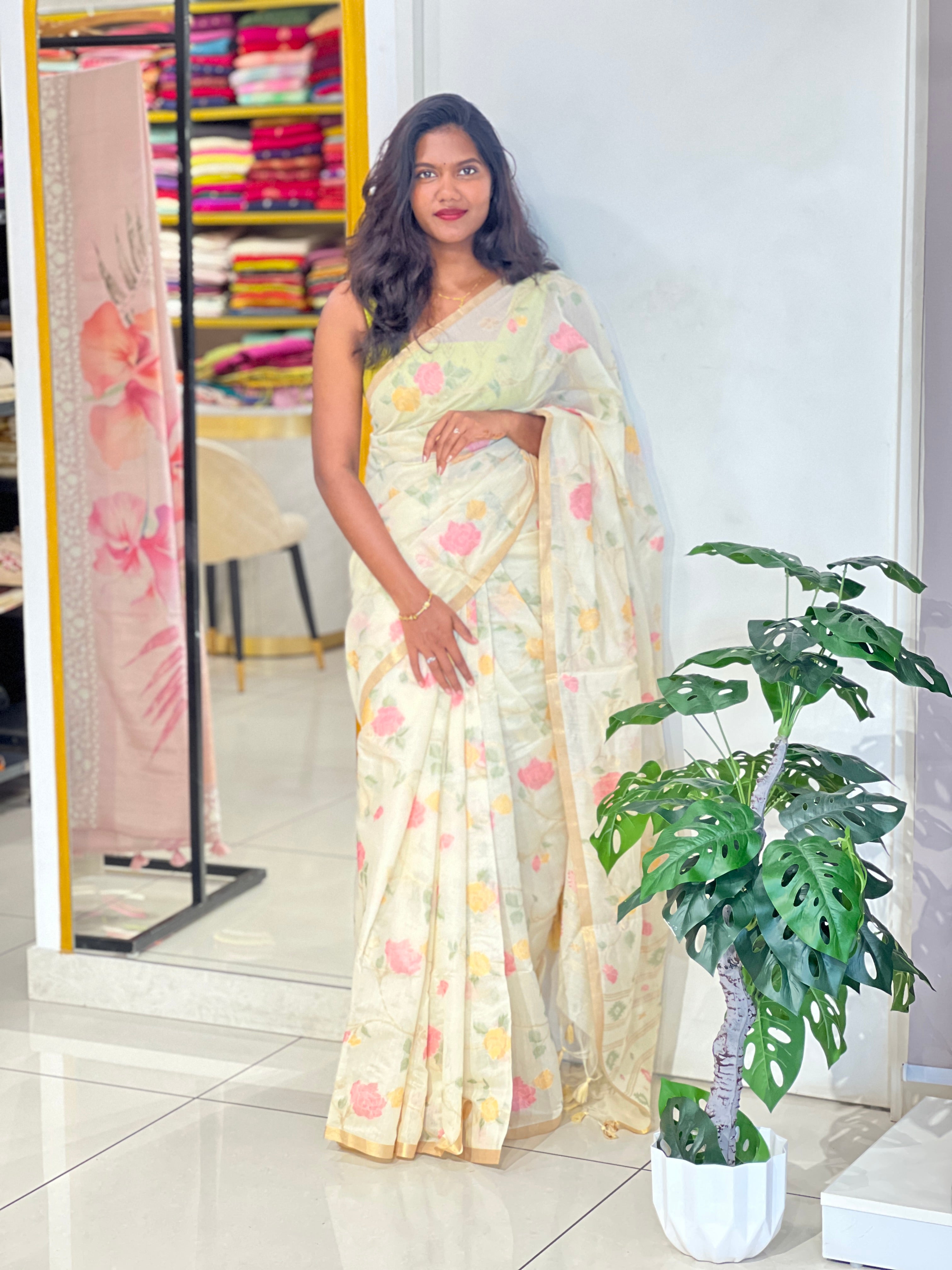 Floral Jaal Pattern Powerloom Chanderi Saree | SSN557