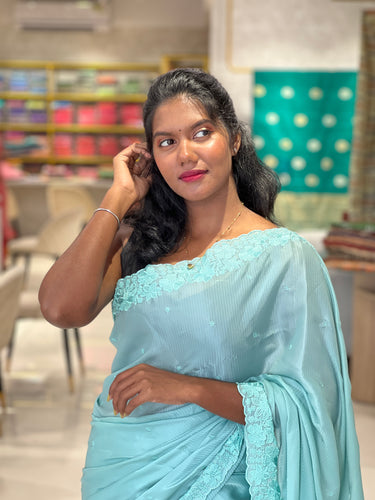 Floral Machine Embroidered Crepe Sarees | SBP259