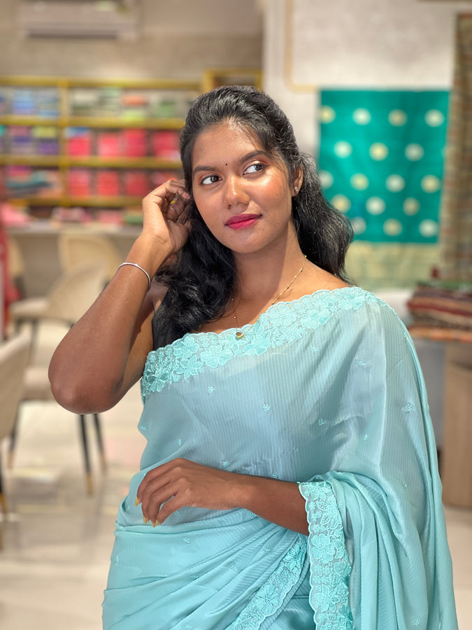 Floral Machine Embroidered Crepe Sarees | SBP259