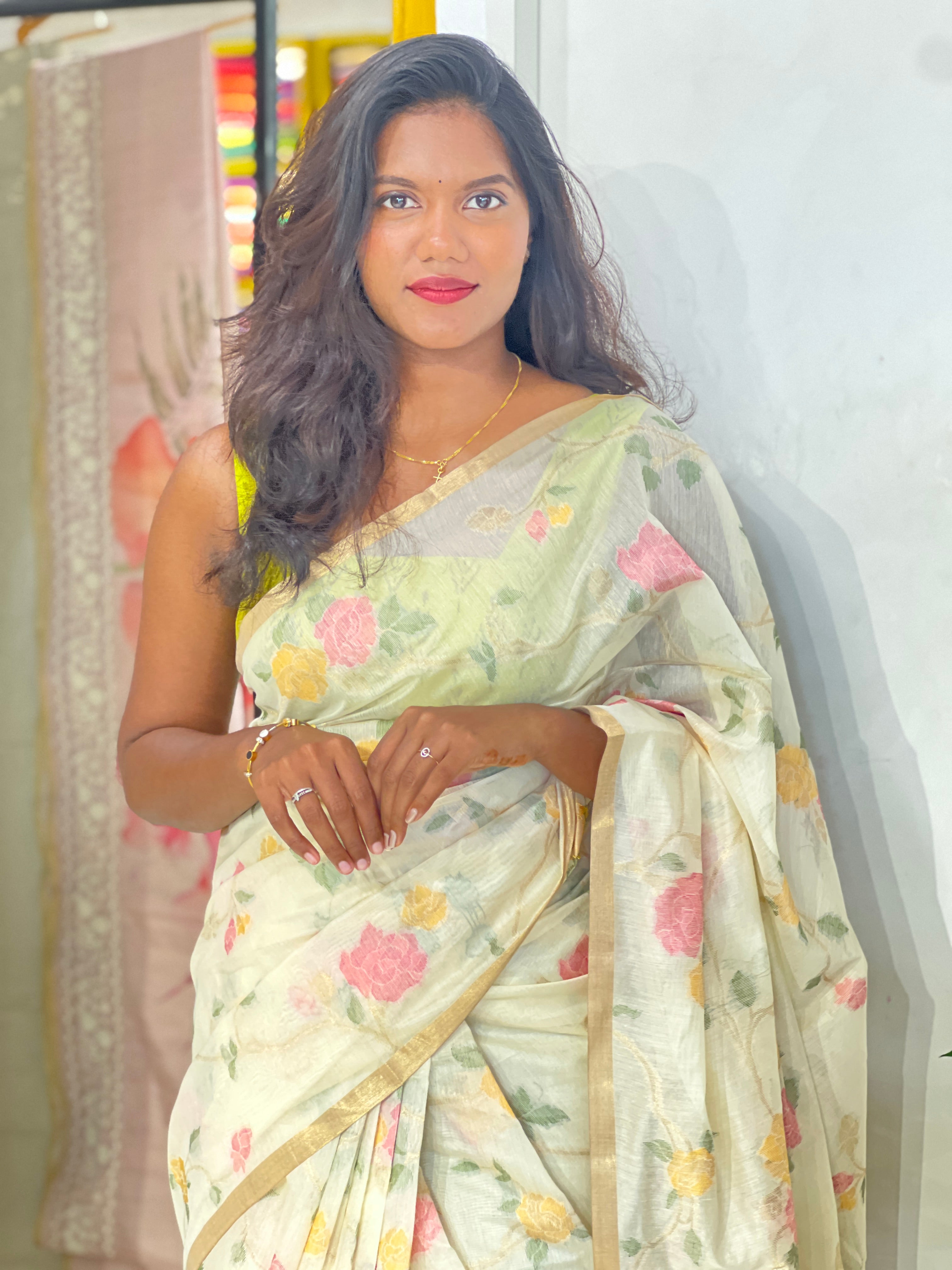 Floral Jaal Pattern Powerloom Chanderi Saree | SSN557
