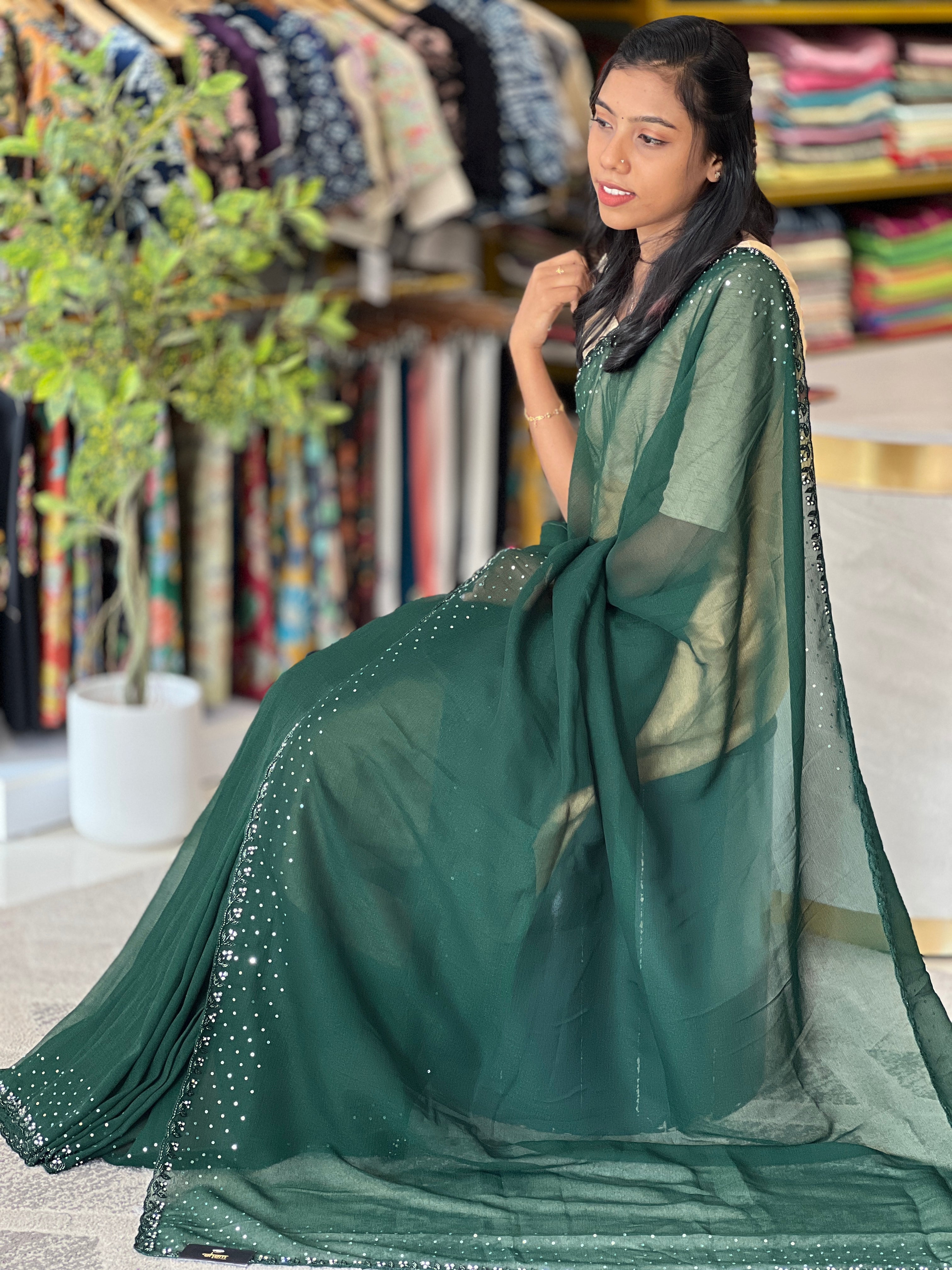 Hand Work Design Crushed Georgette Saree | SBP754
