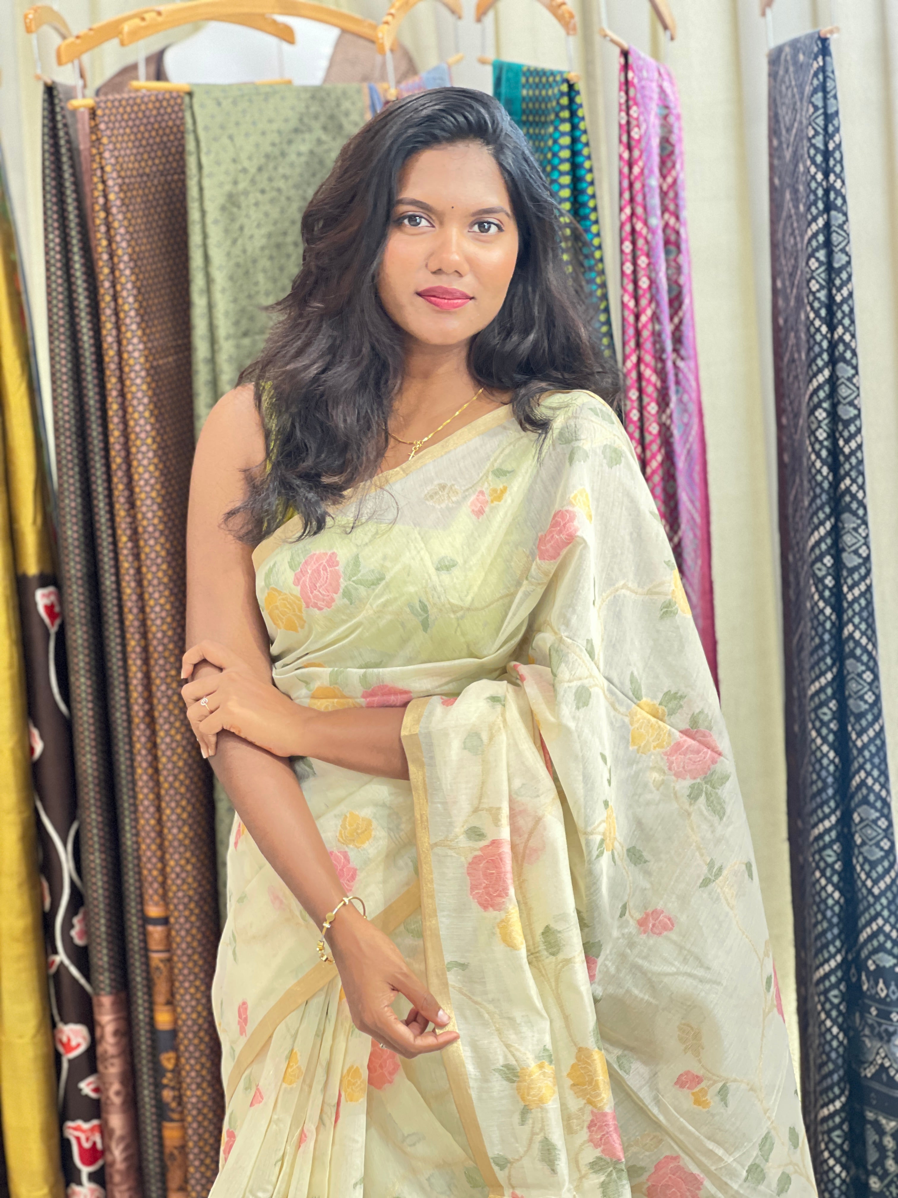 Floral Jaal Pattern Powerloom Chanderi Saree | SSN557