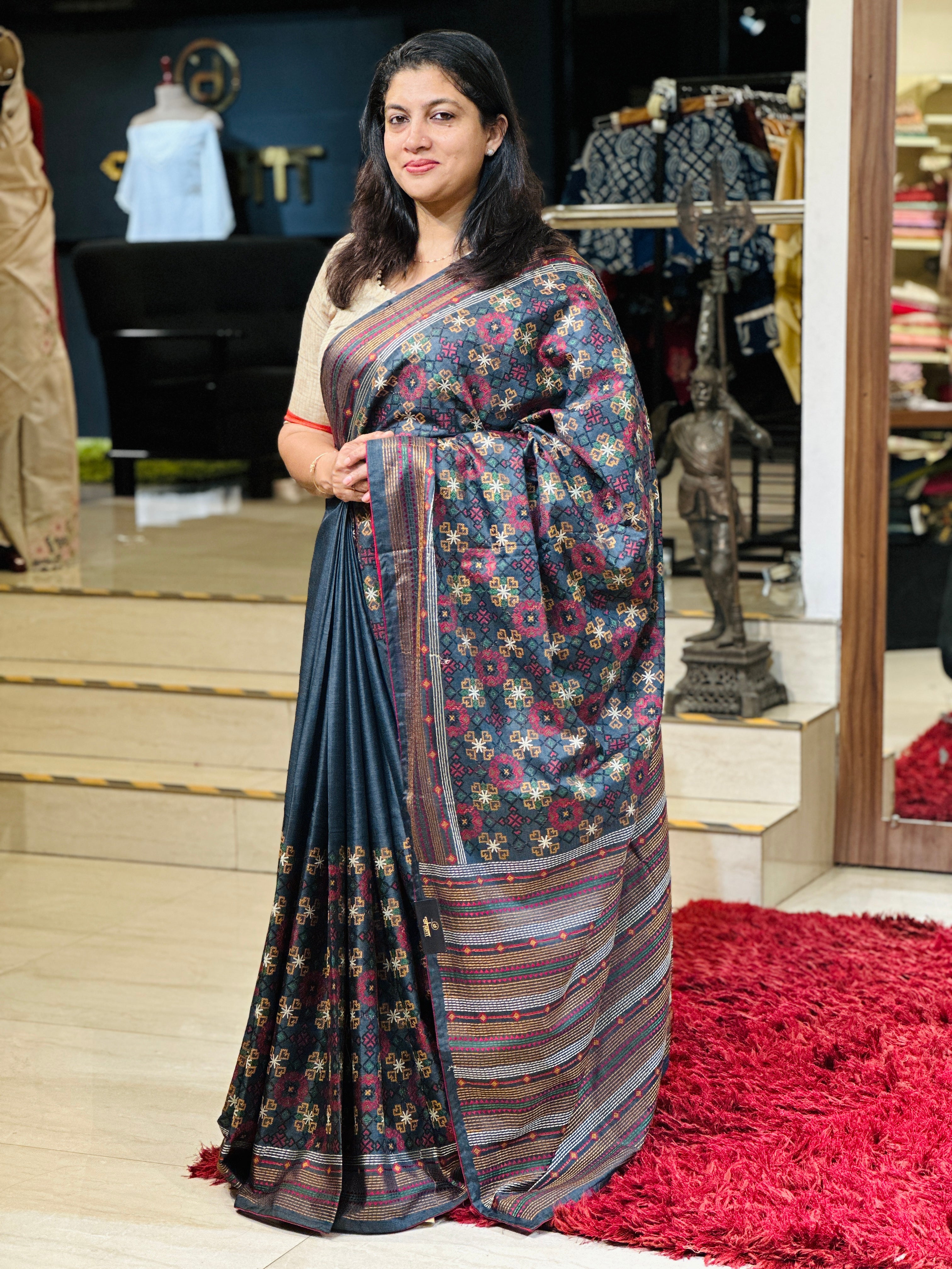 Multi-Colour Thread Embroidery Detailed Tussar Finish Saree | SUN461