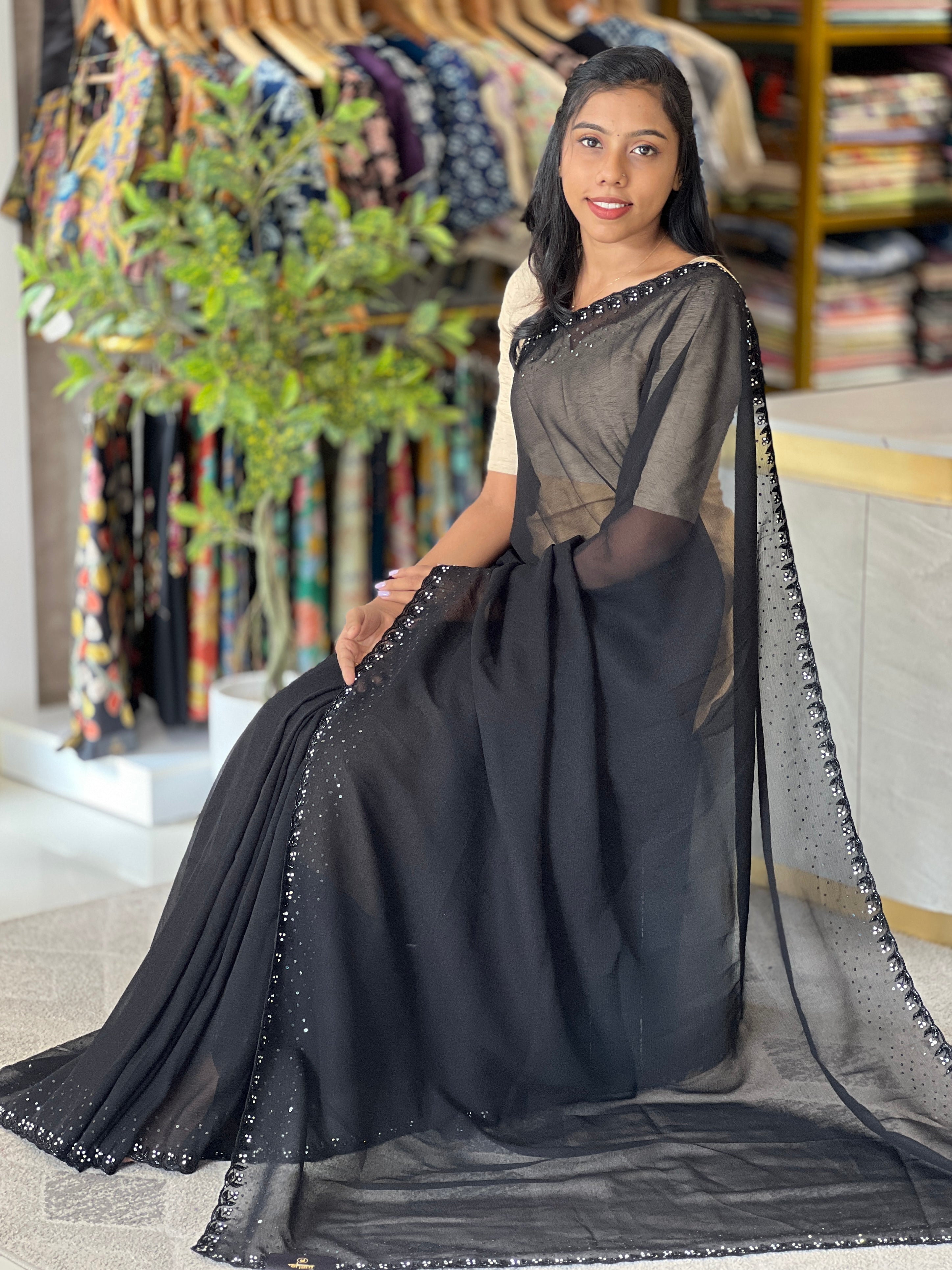 Hand Work Design Crushed Georgette Saree | SBP752