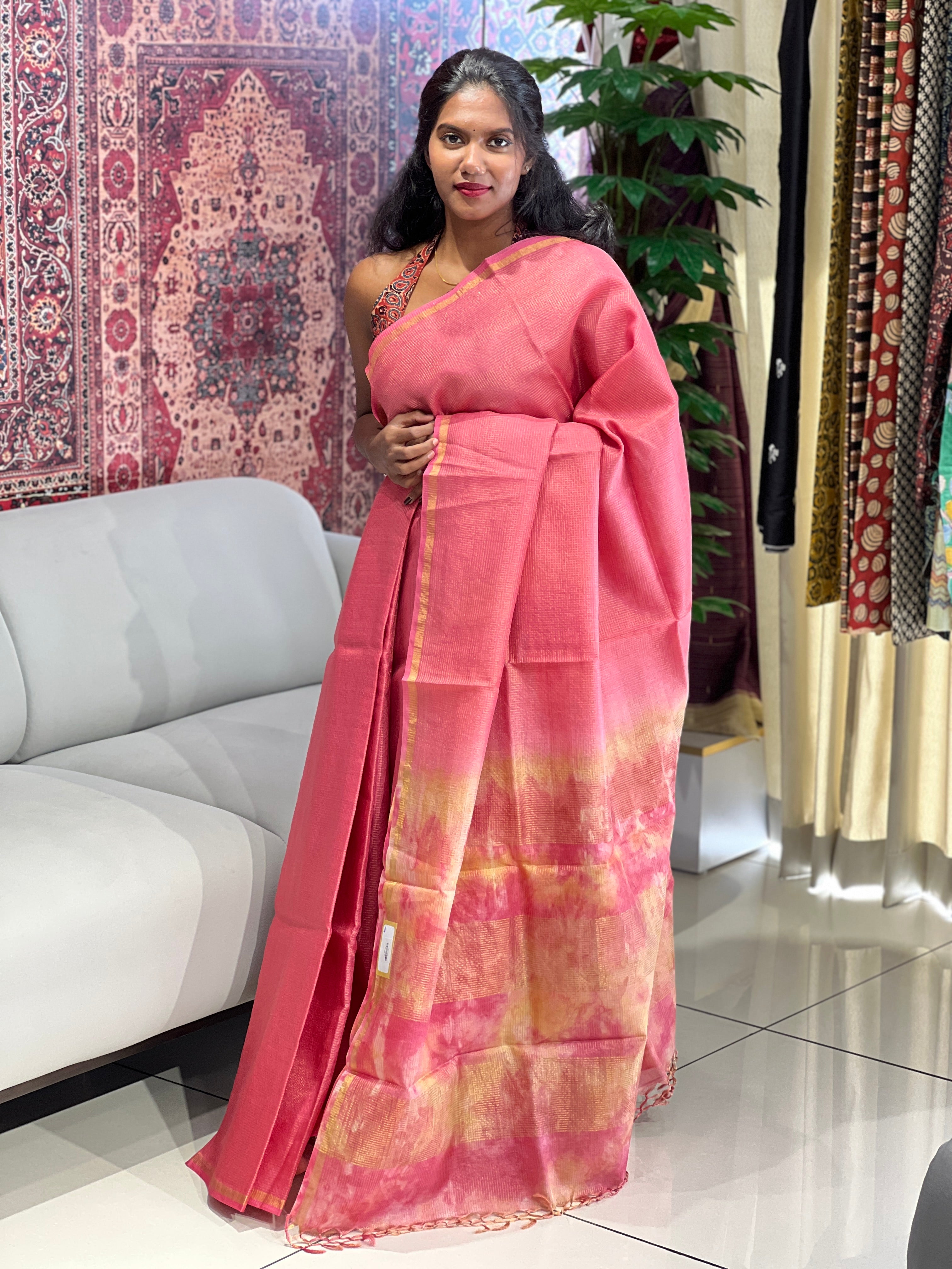 Zari Check Pattern With Tie & Dye Detailed Tussar Saree | HS1272