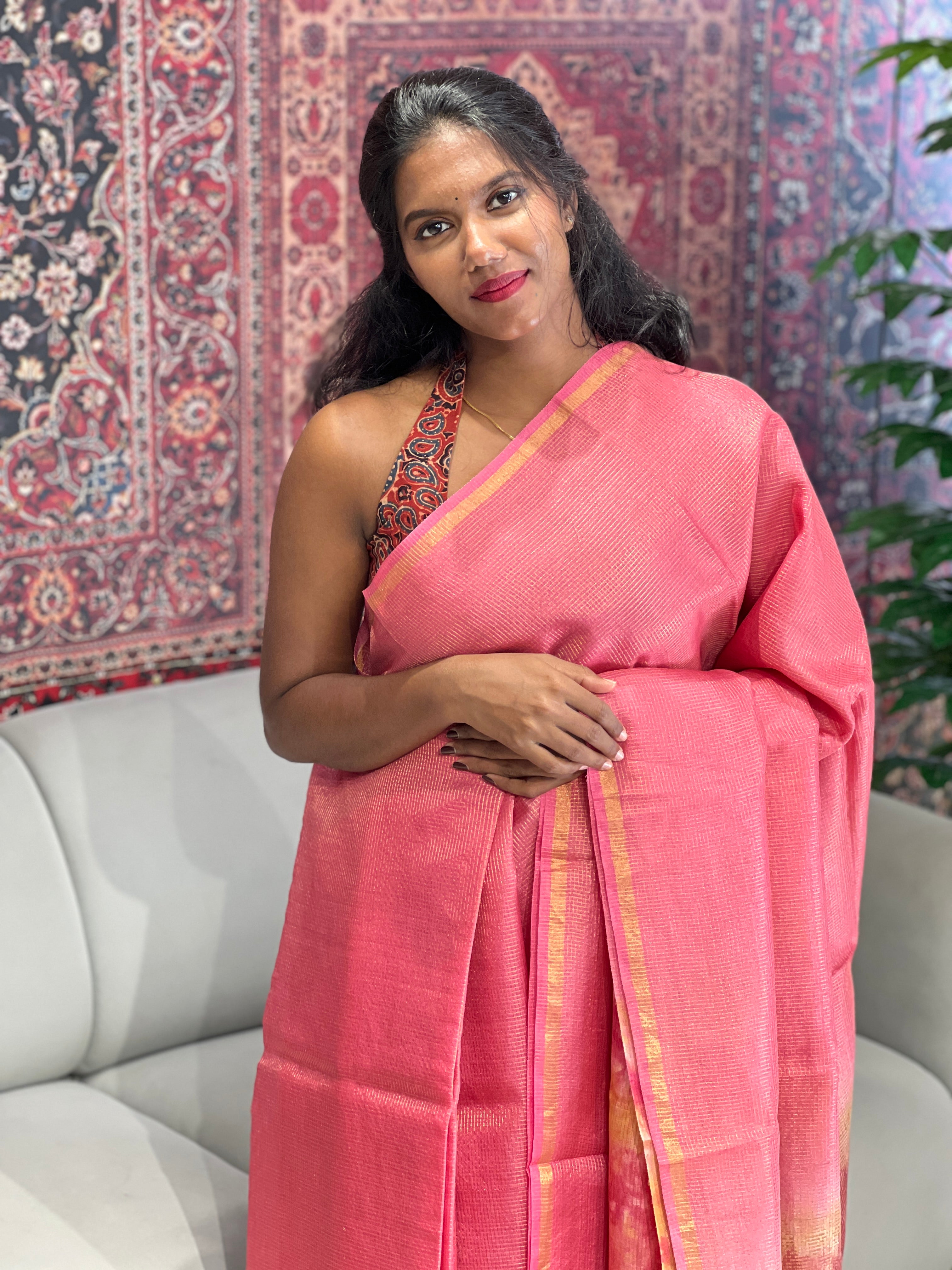 Zari Check Pattern With Tie & Dye Detailed Tussar Saree | HS1272