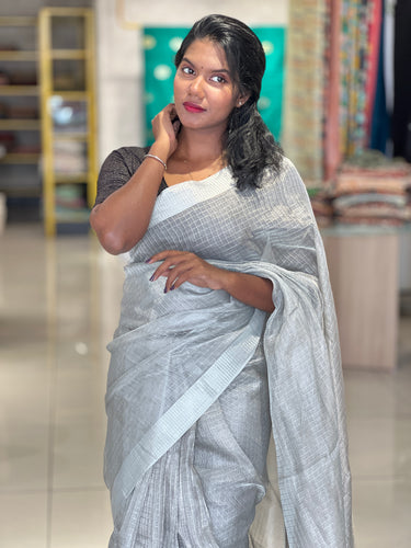 Zari Check Patterned Silver Tissue Saree | HS1147