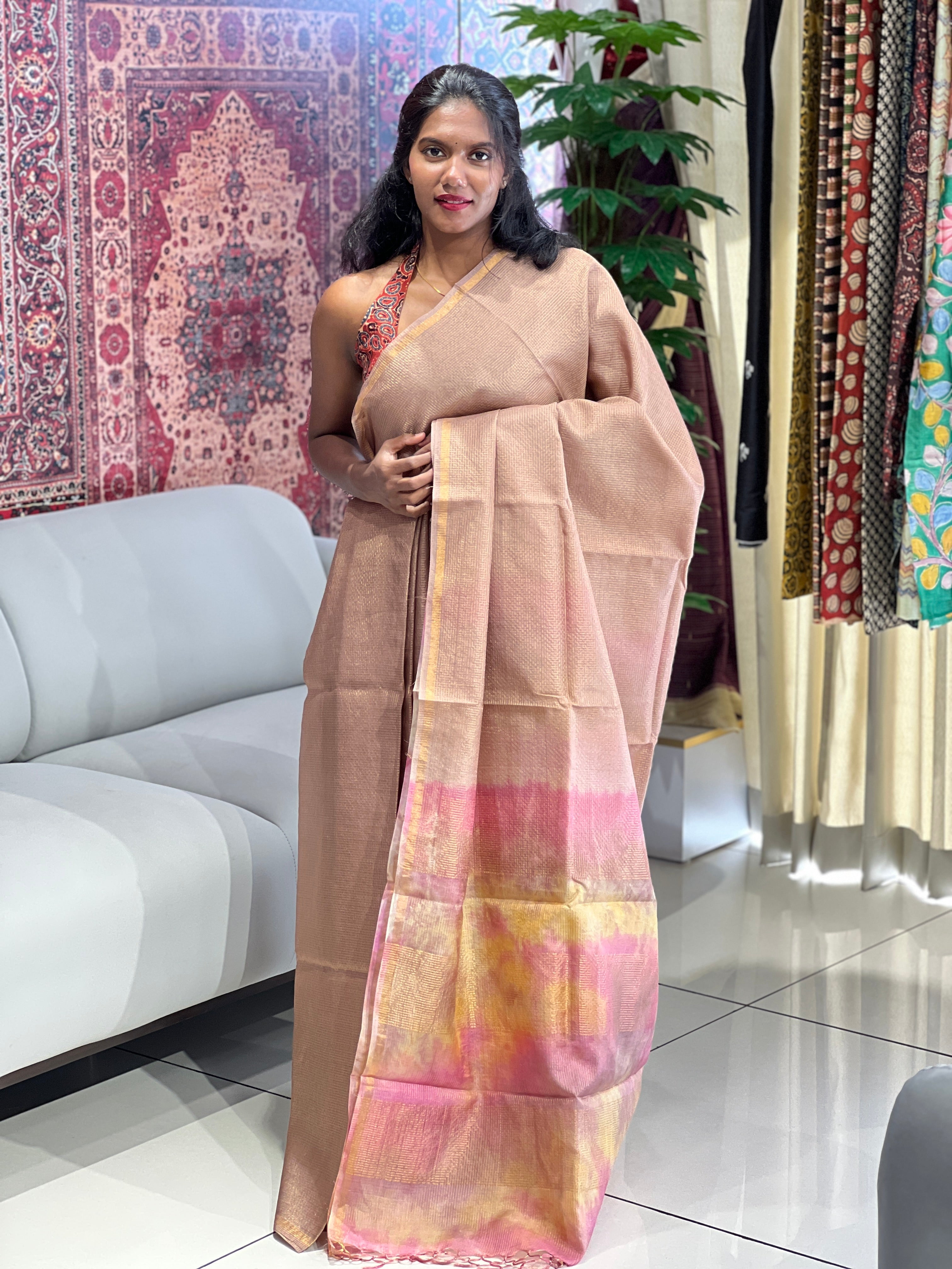 Zari Check Pattern With Tie & Dye Detailed Tussar Saree | HS1271