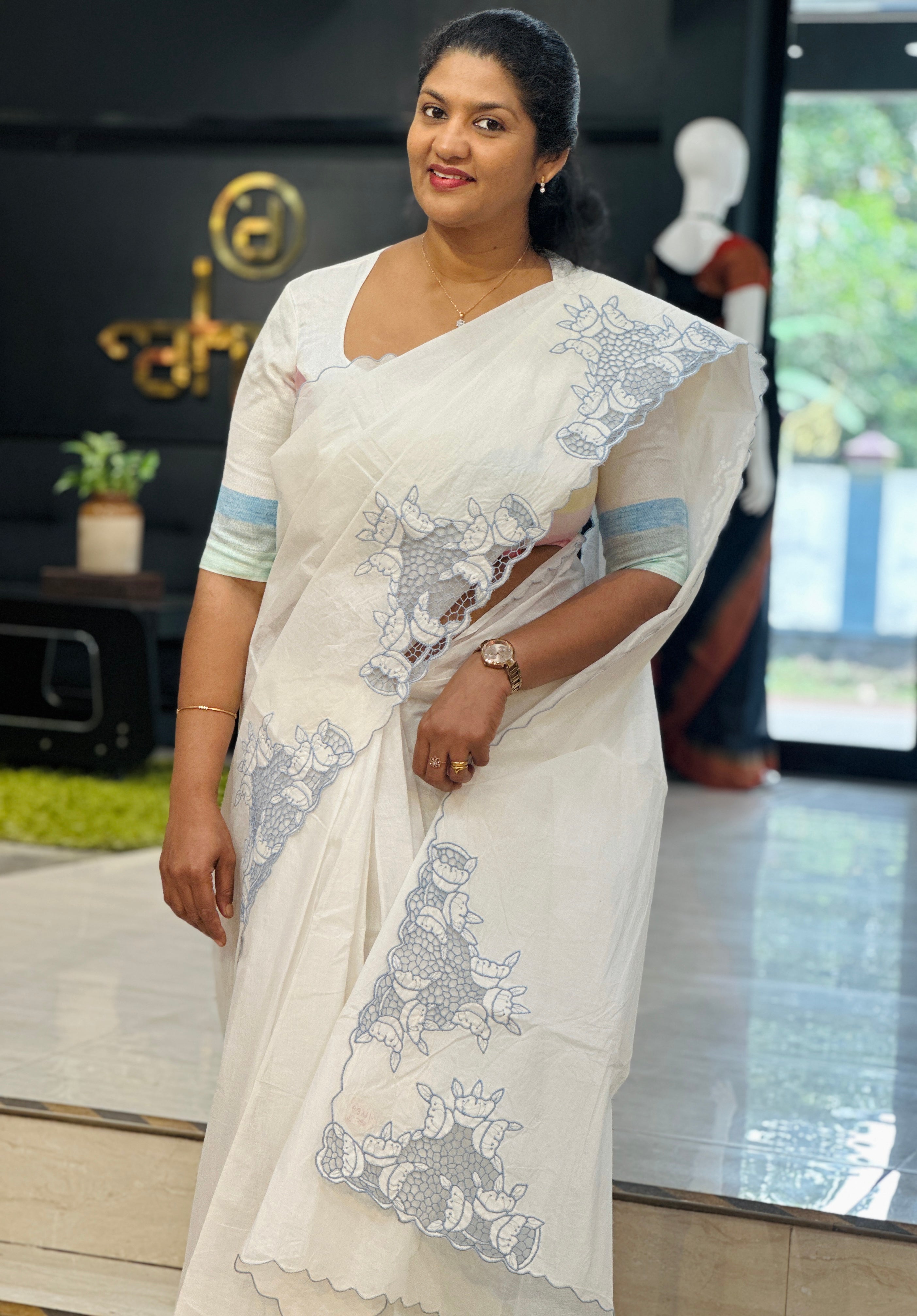 Twine Cutwork Floral Design Organdy Saree | TC384